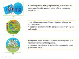 ©Derechos Reservados 2014
Sistema DESEM, A.C./Impulsa
24
23
22
 Sé el arquitecto de tu propio destino, aún cuando es
cierto que el medio que nos rodea influye en nuestro
desarrollo.
 Las crisis provocan cambios y estos dan origen a las
oportunidades.
 Debemos estar informados de lo que sucede en el país
y el mundo.
No puede haber éxito sin un sueño, sin esa pasión que
nos mueve a intentar lo imposible.
 La pasión hace buscar la perfección en cualquier cosa
que decidas hacer.
 