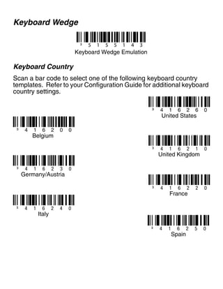 Keyboard Wedge
Keyboard Country
Scan a bar code to select one of the following keyboard country
templates. Refer to your Configuration Guide for additional keyboard
country settings.
³ 5 1 5 5 1 4 3
Keyboard Wedge Emulation
³ 4 1 6 2 1 0
³ 4 1 6 2 2 0
United Kingdom
³ 4 1 6 2 3 0
Germany/Austria
France
³ 4 1 6 2 6 0
United States
³ 4 1 6 2 0 0
Belgium
³ 4 1 6 2 5 0
Spain
³ 4 1 6 2 4 0
Italy
 