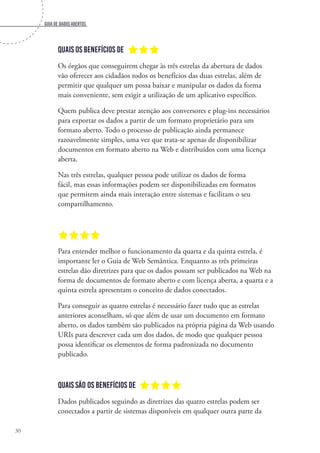 Guia de dados abertos
30
Quais os benefícios de aaa
Os órgãos que conseguirem chegar às três estrelas da abertura de dados
vão oferecer aos cidadãos todos os benefícios das duas estrelas, além de
permitir que qualquer um possa baixar e manipular os dados da forma
mais conveniente, sem exigir a utilização de um aplicativo específico.
Quem publica deve prestar atenção aos conversores e plug-ins necessários
para exportar os dados a partir de um formato proprietário para um
formato aberto. Todo o processo de publicação ainda permanece
razoavelmente simples, uma vez que trata-se apenas de disponibilizar
documentos em formato aberto na Web e distribuídos com uma licença
aberta.
Nas três estrelas, qualquer pessoa pode utilizar os dados de forma
fácil, mas essas informações podem ser disponibilizadas em formatos
que permitem ainda mais interação entre sistemas e facilitam o seu
compartilhamento.
aaaa
Para entender melhor o funcionamento da quarta e da quinta estrela, é
importante ler o Guia de Web Semântica. Enquanto as três primeiras
estrelas dão diretrizes para que os dados possam ser publicados na Web na
forma de documentos de formato aberto e com licença aberta, a quarta e a
quinta estrela apresentam o conceito de dados conectados.
Para conseguir as quatro estrelas é necessário fazer tudo que as estrelas
anteriores aconselham, só que além de usar um documento em formato
aberto, os dados também são publicados na própria página da Web usando
URIs para descrever cada um dos dados, de modo que qualquer pessoa
possa identificar os elementos de forma padronizada no documento
publicado.
	
Quais são os benefícios de aaaa
Dados publicados seguindo as diretrizes das quatro estrelas podem ser
conectados a partir de sistemas disponíveis em qualquer outra parte da
 