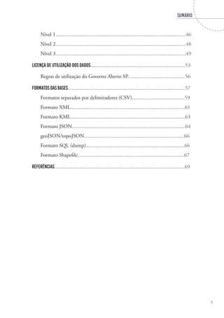 SUMÁRIO
5
Nível 1...................................................................................................46
Nível 2...................................................................................................48
Nível 3...................................................................................................49
Licença de utilização dos dados........................................................................53
Regras de utilização do Governo Aberto SP............................................56
Formatos das bases.........................................................................................57
Formatos separados por delimitadores (CSV)........................................59
Formato XML.......................................................................................61
Formato KML.......................................................................................63
Formato JSON......................................................................................64
geoJSON/topoJSON............................................................................66
Formato SQL (dump)...........................................................................66
Formato Shapefile.................................................................................67
Referências...................................................................................................69
 