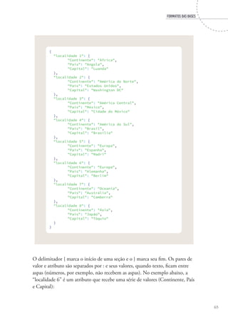 FORMATOS DAS BASES
65
{
"localidade 1": {
"Continente": "África",
"País": "Angola",
"Capital": "Luanda"
},
"localidade 2": {
"Continente": "América do Norte",
"País": "Estados Unidos",
"Capital": "Washington DC"
},
"localidade 3": {
"Continente": "América Central",
"País": "México",
"Capital": "Cidade do México"
},
"localidade 4": {
"Continente": "América do Sul",
"País": "Brasil",
"Capital": "Brasília"
},
"localidade 5": {
"Continente": "Europa",
"País": "Espanha",
"Capital": "Madri"
},
"localidade 6": {
"Continente": "Europa",
"País": "Alemanha",
"Capital": "Berlim"
},
"localidade 7": {
"Continente": "Oceania",
"País": "Austrália",
"Capital": "Camberra"
},
"localidade 8": {
"Continente": "Ásia",
"País": "Japão",
"Capital": "Tóquio"
}
}
O delimitador { marca o início de uma seção e o } marca seu fim. Os pares de
valor e atributo são separados por : e seus valores, quando texto, ficam entre
aspas (números, por exemplo, não recebem as aspas). No exemplo abaixo, a
“localidade 6” é um atributo que recebe uma série de valores (Continente, País
e Capital):
 