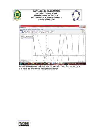 UNIVERSIDAD DE CUNDINAMARCA 
FACULTAD DE EDUCACION 
LICENCIATURA EN MATEMATICAS 
ELECTIVA EN EDUCACION MATEMATICA II 
TALLERES DE GEOGEBRA 
la grafica mas oscura es la derivada de nuetra funcion, Que corresponde 
a la curva de color fucsia de la grafica anterior. 
 