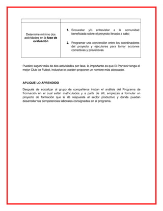 Determine mínimo dos
actividades en la fase de
evaluación

1. Encuestar y/o entrevistar a la comunidad
beneficiada sobre el proyecto llevado a cabo
2. Programar una convención entre los coordinadores
del proyecto y ejecutores para tomar acciones
correctivas y preventivas

Pueden sugerir más de dos actividades por fase, lo importante es que El Porvenir tenga el
mejor Club de Futbol, inclusive le pueden proponer un nombre más adecuado.

APLIQUE LO APRENDIDO
Después de socializar al grupo de compañeros inician el análisis del Programa de
Formación en el cual están matriculados y a partir de allí, empiezan a formular un
proyecto de formación que le dé respuesta al sector productivo y donde puedan
desarrollar las competencias laborales consignadas en el programa.

 