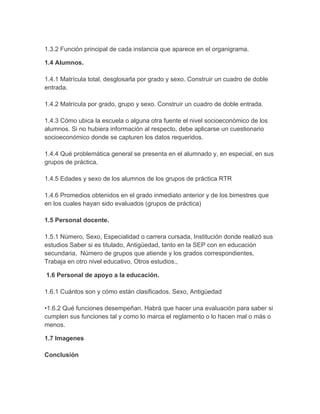 1.3.2 Función principal de cada instancia que aparece en el organigrama.

1.4 Alumnos.

1.4.1 Matrícula total, desglosarla por grado y sexo. Construir un cuadro de doble
entrada.

1.4.2 Matrícula por grado, grupo y sexo. Construir un cuadro de doble entrada.

1.4.3 Cómo ubica la escuela o alguna otra fuente el nivel socioeconómico de los
alumnos. Si no hubiera información al respecto, debe aplicarse un cuestionario
socioeconómico donde se capturen los datos requeridos.

1.4.4 Qué problemática general se presenta en el alumnado y, en especial, en sus
grupos de práctica.

1.4.5 Edades y sexo de los alumnos de los grupos de práctica RTR

1.4.6 Promedios obtenidos en el grado inmediato anterior y de los bimestres que
en los cuales hayan sido evaluados (grupos de práctica)

1.5 Personal docente.

1.5.1 Número, Sexo, Especialidad o carrera cursada, Institución donde realizó sus
estudios Saber si es titulado, Antigüedad, tanto en la SEP con en educación
secundaria, Número de grupos que atiende y los grados correspondientes,
Trabaja en otro nivel educativo, Otros estudios.,

1.6 Personal de apoyo a la educación.

1.6.1 Cuántos son y cómo están clasificados, Sexo, Antigüedad

•1.6.2 Qué funciones desempeñan. Habrá que hacer una evaluación para saber si
cumplen sus funciones tal y como lo marca el reglamento o lo hacen mal o más o
menos.

1.7 Imagenes

Conclusión
 
