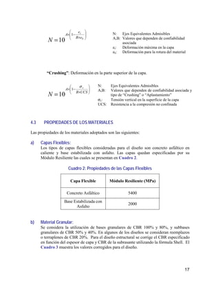 17
N: Ejes Equivalentes Admisibles
A,B: Valores que dependen de confiabilidad
asociada
et: Deformación máxima en la capa
eb: Deformación para la rotura del material
N: Ejes Equivalentes Admisibles
A,B: Valores que dependen de confiabilidad asociada y
tipo de “Crushing” o “Aplastamiento”
σv: Tensión vertical en la superficie de la capa
UCS: Resistencia a la compresión no confinada






×
−×
= b
t
eB
e
A
N
1
10
“Crushing”: Deformación en la parte superior de la capa.






×
−×
= UCSB
A v
N
σ
1
10
4.3 PROPIEDADES DE LOS MATERIALES
Las propiedades de los materiales adoptados son las siguientes:
a) Capas Flexibles:
Los tipos de capas flexibles consideradas para el diseño son concreto asfáltico en
caliente y base estabilizada con asfalto. Las capas quedan especificadas por su
Módulo Resiliente las cuales se presentan en Cuadro 2.
Cuadro 2: Propiedades de las Capas Flexibles
Capa Flexible Módulo Resiliente (MPa)
Concreto Asfáltico 5400
Base Estabilizada con
Asfalto
2000
b) Material Granular:
Se considera la utilización de bases granulares de CBR 100% y 80%, y subbases
granulares de CBR 50% y 40%. En algunos de los diseños se consideran reemplazos
o terraplenes de CBR 20%. Para el diseño estructural se corrige el CBR especificado
en función del espesor de capa y CBR de la subrasante utilizando la fórmula Shell. El
Cuadro 3 muestra los valores corregidos para el diseño.
 