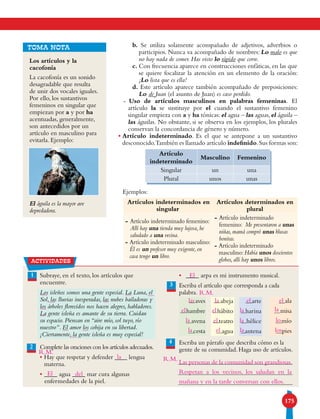 175
imagen de
aguila
Los artículos y la
cacofonía
La cacofonía es un sonido
desagradable que resulta
de unir dos vocales iguales.
Por ello, los sustantivos
femeninos en singular que
empiezan por a y por ha
acentuadas, generalmente,
son antecedidos por un
artículo en masculino para
evitarla. Ejemplo:
El águila es la mayor ave
depredadora.
TOMA NOTA b. Se utiliza solamente acompañado de adjetivos, adverbios o
participios. Nunca va acompañado de nombres: Lo malo es que
no hay nada de comer. Has visto lo rápido que corre.
c. Con frecuencia aparece en construcciones enfáticas, en las que
se quiere focalizar la atención en un elemento de la oración:
¡Lo lista que es ella!
d. Este artículo aparece también acompañado de preposiciones:
Lo de Juan (el asunto de Juan) es caso perdido.
- Uso de artículos masculinos en palabras femeninas. El
artículo la se sustituye por el cuando el sustantivo femenino
singular empieza con a y ha tónicas: el agua – las aguas, el águila –
las águilas. No obstante, si se observa en los ejemplos, los plurales
conservan la concordancia de género y número.
•Artículo indeterminado. Es el que se antepone a un sustantivo
desconocido.También es llamado artículo indefinido.Sus formas son:
Ejemplos:
Artículo
indeterminado
Masculino Femenino
Singular un una
Plural unos unas
Artículos indeterminados en
singular
Artículos determinados en
plural
-Artículo indeterminado femenino:
Allí hay una tienda muy lujosa, he
saludado a una vecina.
-Artículo indeterminado masculino:
Él es un profesor muy exigente, en
casa tengo un libro.
-Artículo indeterminado
femenino: Me presentaron a unas
niñas, mamá compró unas blusas
bonitas.
- Artículo indeterminado
masculino: Había unos doscientos
globos, allí hay unos libros.
1 Subraye, en el texto, los artículos que
encuentre.
Los isleños somos una gente especial. La Luna, el
Sol, las lluvias inesperadas, las nubes bailadoras y
los árboles florecidos nos hacen alegres, habladores.
La gente isleña es amante de su tierra. Cuidan
su espacio. Piensan en “aire mío, sol tuyo, río
nuestro”. El amor los cobija en su libertad.
¡Ciertamente, la gente isleña es muy especial!
Complete las oraciones con los artículos adecuados.
•Hay que respetar y defender ____ lengua
materna.
•____ agua ____ mar cura algunas
enfermedades de la piel.
•	____ arpa es mi instrumento musical.
Escriba el artículo que corresponda a cada
palabra.
Escriba un párrafo que describa cómo es la
gente de su comunidad. Haga uso de artículos.2
3
4
aves
hambre
avena
cesta
abeja
hábito
teatro
agua
arte
harina
hélice
antena
ala
misa
mío
pies
actividades
las
el
la
la el la lo
loslaella
el
el
la
el
la
El
El
del
la
Las personas de la comunidad son grandiosas.
Respetan a los vecinos, los saludan en la
mañana y en la tarde conversan con ellos.
R.M.
R.M.
R.M.
 