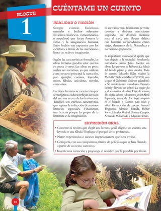 UNIDADBLOQUE
1
10
REALIDAD O FICCIÓN
CUÉNTAME UN CUENTO
expresión oral
•	Comente: si tuviera que elegir una lectura, ¿cuál eligiría: un cuento, una
leyenda o una fábula? Explique el porqué de su preferencia.
•	Narre experiencias o sucesos impresionantes que haya vivido.
•	Comparta, con sus compañeros, títulos de películas que se han filmado
a partir de un texto narrativo.
• Invente una narración y proponga el nombre que le pondría por título.
Siempre existirán fenómenos
naturales y hechos relevantes
(recientes, históricos, extraordinarios
o populares) que hacen florecer la
razón y la imaginación humana.
Estos hechos son expuestos por los
escritores a través de las narraciones
literarias, reales o imaginarias.
Según las características formales, las
obras literarias pueden estar escritas
en prosa o verso. Las obras en prosa
suelen ser narrativas, ya que utilizan
como recurso principal la narración,
por ejemplo, cuentos, leyendas,
mitos, fábulas, anécdotas, novelas,
entre otras.
Las obras literarias se caracterizan por
sersubjetivas,esdecir,reflejanlavisión
del escritor acerca de los fenómenos.
También son estéticas, característica
que supone la utilización de recursos
literarios especiales. Finalmente,
son ficticias porque lo propio de la
literatura es la imaginación.
Elacercamientoalaliteraturapermite
conocer y disfrutar narraciones
inspiradas en diversos motivos;
para el caso, este bloque deleita
con historias sorprendentes, como
viajes, elementos de la Naturaleza y
narraciones populares.
Es importante reconocer el aporte que
han dejado a la sociedad hondureña
narradores como: Julio Escoto; sus
obras:Los guerreros de Hibueras,La balada
del herido pájaro y otros cuentos, Todos
los cuentos. Eduardo Bähr recibió la
Medalla“Gabriela Mistral”(1995),con
la que el Gobierno chileno galardonó
a 50 intelectuales mundiales. Ernesto
Bondy Reyes; sus obras: La mujer fea
y el restaurador de obras,Viaje de retorno,
De ninfas,sabores y desamores.JavierAbril
Espinoza, autor de Un ángel atrapado
en el huracán y Cuentos para niños y
niñas. Generación de poetas: Samuel
Trigueros, Fabricio Estrada, Heber
Sorto,Salvador Madrid,Gustavo Campos,
Armando Maldonado y Edgardo Florián.
 