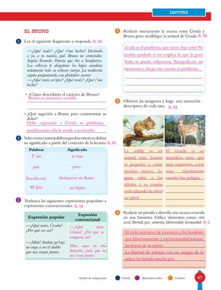 67
LECTURA
LiteralNiveles de comprensión Apreciativo-crítico Creativo
EL BRUNO
Lea el siguiente fragmento y responda.
—¿Qué tenés? ¿Qué t’ian hecho? Decímelo
a yo, a tu nanita, pué. Bruno no contestaba.
Seguía llorando. Parecía que iba a licuefacerse.
Los sollozos le ahogaban: los hipos sacudían
rudamente todo su robusto cuerpo. La madrecita
seguía preguntando, con plañidero acento:
—¿Qué tenés,m’ijito? ¿Qué tenés? ¿Qué t’ian
hecho?
• ¿Cómo describiría el carácter de Bruno?
• ¿Qué sugeriría a Bruno para contrarrestar su
dolor?
Seleccionecuatropalabrasquedesconozcaydefina
su significado a partir del contexto de la lectura.
Traduzca las siguientes expresiones populares a
expresiones convencionales.
Redacte nuevamente la escena entre Úrsula y
Bruno, pero modifique la actitud de Úrsula.
Observe las imágenes y haga una narración
descriptiva de cada una.
Redacte un párrafo y describa una escena ocurrida
en una bananera. Utilice elementos como: cielo
azul,libertad,paz,armonía,laboriosidad,hermandad.
1
2
3
4
Palabras Significado
Expresión popular
Expresión
convencional
—¿Qué tenés, Úrsula?
¿Por qué sos así?
—¡Mirá! Andate po’ray;
no vaya a ser el diablo
que nos veyan juntos.
5
6
Bruno es temeroso, sensible.
Debe expresarle a Úrsula su problema,
posiblemente ella le ayude a resolverlo.
T´ian te han
pues
deshacerse en llanto
mi hijito
pué
licuefacerse
M´ijito
-¿Qué tiene
Úrsula? ¿Por qué se
comporta así?
Mire, vaya en otra
dirección, para que no
nos vean juntos.
¿Cuál es el problema que tiene, hijo mío?Yo
podría ayudarle si me explica lo que le pasó.
Todo se puede solucionar. Tranquilícese un
momento y luego me cuenta su problema.
La ardilla es un
animal muy bonito,
es pequeño y come
muchas nueces. Le
gusta subir a los
árboles y es común
verla saltando de árbol
en árbol.
	
El venado es un
mamífero, tiene ojos
muy expresivos, corre
muy rápidamente
cuando hay peligro.
R.L
R.M.
R.M.
R.M.
R.M.
R.M.
El cielo azul sirve de escenario a los hombres
que laboriosamente y en hermandad trabajan
las tierras de su patria.
La libertad de trabajar con sus amigos de la
niñez, les brinda mucha paz.
 