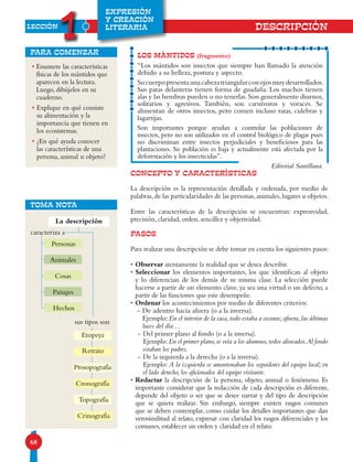 LECCIÓN
1
68
EXPRESIÓN
Y CREACIÓN
LITERARIA
• Enumere las características
físicas de los mántidos que
aparecen en la lectura.
Luego, dibújelos en su
cuaderno.
• Explique en qué consiste
su alimentación y la
importancia que tienen en
los ecosistemas.
• ¿En qué ayuda conocer
las características de una
persona, animal u objeto?
para comenzar LOS MÁNTIDOS (fragmento)
“Los mántidos son insectos que siempre han llamado la atención
debido a su belleza, postura y aspecto.
Sucuerpopresentaunacabezatriangularconojosmuydesarrollados.
Sus patas delanteras tienen forma de guadaña. Los machos tienen
alas y las hembras pueden o no tenerlas.Son generalmente diurnos,
solitarios y agresivos. También, son carnívoros y voraces. Se
alimentan de otros insectos, pero comen incluso ratas, culebras y
lagartijas.
Son importantes porque ayudan a controlar las poblaciones de
insectos, pero no son utilizados en el control biológico de plagas pues
no discriminan entre insectos perjudiciales y beneficiosos para las
plantaciones. Su población es baja y actualmente está afectada por la
deforestación y los insecticidas”.
Editorial Santillana.
CONCEPTO Y CARACTERÍSTICAS
La descripción es la representación detallada y ordenada, por medio de
palabras,de las particularidades de las personas,animales,lugares u objetos.
Entre las características de la descripción se encuentran: expresividad,
precisión, claridad, orden, sencillez y objetividad.
pasos
Para realizar una descripción se debe tomar en cuenta los siguientes pasos:
• Observar atentamente la realidad que se desea describir.
• Seleccionar los elementos importantes, los que identifican al objeto
y lo diferencian de los demás de su misma clase. La selección puede
hacerse a partir de un elemento clave, ya sea una virtud o un defecto, a
partir de las funciones que este desempeñe.
• Ordenar los acontecimientos por medio de diferentes criterios:
-	De adentro hacia afuera (o a la inversa).
	 Ejemplo:En el interior de la casa,todo estaba a oscuras;afuera,las últimas
luces del día…
-	Del primer plano al fondo (o a la inversa).
	 Ejemplo:En el primer plano,se veía a los alumnos,todos alineados.Al fondo
estaban los padres.
-	De la izquierda a la derecha (o a la inversa).
	 Ejemplo: A la izquierda se amontonaban los seguidores del equipo local; en
el lado derecho, los aficionados del equipo visitante.
• Redactar la descripción de la persona, objeto, animal o fenómeno. Es
importante considerar que la redacción de cada descripción es diferente,
depende del objeto o ser que se desee narrar y del tipo de descripción
que se quiera realizar. Sin embargo, siempre existen rasgos comunes
que se deben contemplar, como cuidar los detalles importantes que dan
verosimilitud al relato, expresar con claridad los rasgos diferenciales y los
comunes, establecer un orden y claridad en el relato.
DESCRIPCIÓN
TOMA NOTA
La descripción
Personas
Animales
Cosas
Paisajes
Hechos
Etopeya
Retrato
Prosopografía
Crinografía
Cronografía
Topografía
sus tipos son
caracteriza a
 