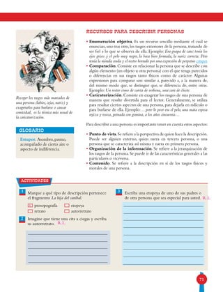 71
Marque a qué tipo de descripción pertenece
el fragmento La hija del caníbal.
Imagine que tiene una cita a ciegas y escriba
su autorretrato.
Escriba una etopeya de uno de sus padres o
de otra persona que sea especial para usted.
RECURSOS PARA DESCRIBIR PERSONAS
•Enumeración objetiva. Es un recurso sencillo mediante el cual se
enuncian,uno tras otro,los rasgos exteriores de la persona,tratando de
ser fiel a lo que se observa de ella. Ejemplo: Era guapa de cara: tenía los
ojos grises y el pelo muy negro, la boca bien formada, la nariz correcta. Pero
tenía la mirada cruda y el rostro borrado por una expresión de perpetuo estupor.
•Comparación. Consiste en relacionar la persona que se describe con
algún elemento (un objeto u otra persona) con el que tenga parecidos
o diferencias en sus rasgos tanto físicos como de carácter. Algunas
expresiones para comparar son: similar a, parecido a, a la manera de,
del mismo modo que, se distingue que, se diferencia de, entre otras.
Ejemplo: Un rostro como de careta de verbena, una cara de chiste.
•Caricaturización. Consiste en exagerar los rasgos de una persona de
manera que resulte divertida para el lector. Generalmente, se utiliza
para resaltar ciertos aspectos de una persona, para dejarla en ridículo o
para burlarse de ella. Ejemplo: …pero lo peor era el pelo, una mata espesa
rojiza y reseca, peinada con gomina, a los años cincuenta…
Para describir a una persona es importante tener en cuenta estos aspectos:
•Punto de vista.Se refiere a la perspectiva de quien hace la descripción.
Puede ser alguien externo, quien narra en tercera persona, o una
persona que se caracteriza así misma y narra en primera persona.
•Organización de la información. Se refiere a la jerarquización de
los rasgos de la persona.Se puede ir de las características generales a las
particulares o viceversa.
•Contenido. Se refiere a la descripción en sí de los rasgos físicos y
morales de una persona.
Recoger los rasgos más marcados de
una persona (labios, cejas, nariz) y
exagerarlos para burlarse o causar
comicidad, es la técnica más usual de
la caricaturización.
Estupor. Asombro, pasmo,
acompañado de cierto aire o
aspecto de indiferencia.
GLOSARIO
actividades
prosopografía
retrato
etopeya
autorretrato
1 3
2
x
R.L.
R.L.
 