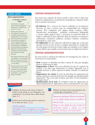 77
TOMA NOTA
Texto argumentativo
La televisión, ¿cultura o
droga?
La televisión es una gran
invento.Transmite programas
informativos y culturales que
merecen ser vistos.
Desde nuestro punto de
vista la llamada “caja tonta” ha
extendido la cultura entre los
telespectadores. Gracias a ella el
90% de las personas se enteran
de las noticicas ocurridas en
todo el mundo.También son
de gran utilidad los programas
que formentan la solidaridad,
los documentales, los programas
deportivos, los de humor, los
musicales y las buenas películas
que fomentan los valores
humanos.
Pero existen personas que nada
más al llegar a casa encienden el
televisor solo para tener ruido.
Para estas personas, la televisión
es como droga.
Nosotros pensamos que la tele-
visión informa, enseña, ayuda y
entretiene de manera positiva,
pero que el abuso de la misma
puede llegar a convertirla en
droga incontrolada.
Argumentosafavor
TesisArgumentosencontra
Reafirmacióndelatesis
1 3Explique, de forma oral, cómo se llega al
centro escolar desde su casa. Pregunte, a sus
compañeros, si las instrucciones dadas fueron
claras.
Redacte tres normas para poner en práctica
en su salón de clases.
Elabore las instrucciones para preparar una
comida típica hondureña.
actividades
2
•
•
•
TEXTOS ENUNCIATIVOS
Son textos que expresan de forma sencilla y breve ideas o datos que
facilitan la comprensión y resolución de un problema o situación.Entre
estos se pueden mencionar:
•El informe. Da a conocer los avances realizados en un proyecto.
Necesita ser claro y preciso para ser comprendido por cualquier
persona. Está compuesto por: página titular, resumen, índice,
introducción, metodología, resultados, conclusiones, bibliografía
y anexos (tablas, gráficas, fotos y encuestas). La redacción debe ser
limpia y ordenada. Existen diferentes tipos de informes: económicos,
ambientales, estadísticos, políticos, escolares, médicos, científicos,
demográficos, entre otros.
•El reglamento. Es una colección ordenada de reglas que se dan para
ejecutar normas en una escuela o cualquier dependencia o institución.
En todo grupo de personas existen reglas, por ejemplo, en los hogares
existen deberes que cumplir,y en la escuela existe un reglamento interno.
TEXTOS ARGUMENTATIVOS
En estos textos se incluyen los informes de investigación, los cuales se
estructuran en cuatro partes:
•Tesis. Consiste en defender una idea o punto de vista, por ejemplo:
Fumar es dañino para la salud.
•Argumentos a favor. Sirve para defender la tesis. Se exponen las
pruebas y los datos que demuestran su validez. Siguiendo con el
ejemplo anterior, se debía exponer los daños causados a la salud por
fumar.
•Argumentos en contra. Se trata de desvirtuar los argumentos de
quienes opinan lo contrario de la tesis.Por ejemplo,un fumador podría
argumentar: “No es tan malo el tabaco, pues llevo 30 años fumando y
no tengo cáncer”.
•Reafirmación de la tesis. Es el balance entre los argumentos. Se
deben fundamentar los argumentos a favor y desvalorizar los en contra.
R.L.
Pedir la palabra.
No platicar con el compañero o la compañera.
Prestar atención a las instrucciones del maestro o
R.M.
R.M.
la maestra.
Pupusas de chicharón:Muela el chicharrón
con la cebolla. Aparte haga las tortillas de
masa de maíz.
Ponga en una rodaja de masa la pasta de
chicharrón molido y cúbrala con otra
tortilla, cocínelas en el comal caliente.
 