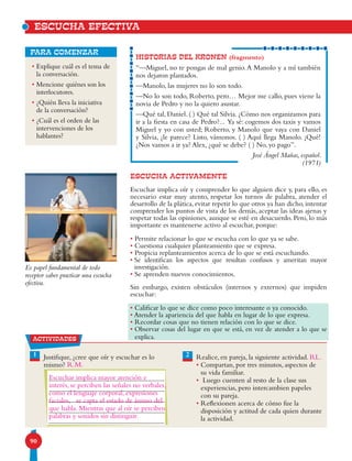90
ESCUCHA EFECTIVA
HISTORIAS DEL KRONEN (fragmento)
“—Miguel, no te pongas de mal genio.A Manolo y a mí también
nos dejaron plantados.
—Manolo, las mujeres no lo son todo.
—No lo son todo, Roberto, pero… Mejor me callo, pues viene la
novia de Pedro y no la quiero asustar.
—Qué tal, Daniel. ( ) Qué tal Silvia. ¿Cómo nos organizamos para
ir a la fiesta en casa de Pedro?... Ya sé: cogemos dos taxis y vamos
Miguel y yo con usted; Roberto, y Manolo que vaya con Daniel
y Silvia, ¿le parece? Listo, vámonos. ( ) Aquí llega Manolo. ¡Qué!
¿Nos vamos a ir ya? Alex, ¿qué se debe? ( ) No, yo pago”.
José Ángel Mañas, español.
(1971)
ESCUCHA ACTIVAmente
Escuchar implica oír y comprender lo que alguien dice y, para ello, es
necesario estar muy atento, respetar los turnos de palabra, atender el
desarrollo de la plática, evitar repetir lo que otros ya han dicho, intentar
comprender los puntos de vista de los demás, aceptar las ideas ajenas y
respetar todas las opiniones, aunque se esté en desacuerdo. Pero, lo más
importante es mantenerse activo al escuchar, porque:
• Permite relacionar lo que se escucha con lo que ya se sabe.
• Cuestiona cualquier planteamiento que se expresa.
• Propicia replanteamientos acerca de lo que se está escuchando.
• Se identifican los aspectos que resultan confusos y ameritan mayor
investigación.
• Se aprenden nuevos conocimientos.
Sin embargo, existen obstáculos (internos y externos) que impiden
escuchar:
• Calificar lo que se dice como poco interesante o ya conocido.
• Atender la apariencia del que habla en lugar de lo que expresa.
• Recordar cosas que no tienen relación con lo que se dice.
• Observar cosas del lugar en que se está, en vez de atender a lo que se
explica.
• Explique cuál es el tema de
la conversación.
• Mencione quiénes son los
interlocutores.
• ¿Quién lleva la iniciativa
de la conversación?
• ¿Cuál es el orden de las
intervenciones de los
hablantes?
Es papel fundamental de todo
receptor saber practicar una escucha
efectiva.
para comenzar
1 2Justifique, ¿cree que oír y escuchar es lo
mismo?
Realice, en pareja, la siguiente actividad.
• Compartan, por tres minutos, aspectos de
su vida familiar.
• Luego cuenten al resto de la clase sus
experiencias, pero intercambien papeles
con su pareja.
• Reflexionen acerca de cómo fue la
disposición y actitud de cada quien durante
la actividad.
actividades
Escuchar implica mayor atención e
interés, se perciben las señales no verbales,
como el lenguaje corporal, expresiones
faciales, se capta el estado de ánimo del
que habla. Mientras que al oír se perciben
palabras y sonidos sin distinguir.
RL.
R.M.
 