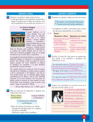 93
lENGUA ORAL LENGUA ESCRITA
5 7Reúnase en pareja y sigan instrucciones.
• Cada quien leerá a su compañero un párrafo y
luego, le pedirá que le haga un resumen oral.
Así comprobará si la escucha fue efectiva.
La Grecia Antigua
(Fragmento)
Cuando hablamos de la
Grecia Antigua como una
nación única, nos referimos
sobre todo a su cultura
unitaria —lengua, religión,
mitología y costumbres—
porque,políticamente,la vieja
Hélade estaba dividida en
numerosas ciudades-Estado.
Eran las llamadas polis, poblaciones independientes
y variadas, que estaban alejadas unas de otras no
tanto por la distancia geográfica como por su propia
constitución como estados libres y autónomos.
La geografía de la península helénica y sus muchas islas
favorecían además esa dispersión y esa fragmentación
política. Sin embargo, a todos los griegos les unía la
lengua (aunque con varios dialectos), la religión,
la mitología, las costumbres y la gran literatura,
especialmente la poesía homérica.
Esa unidad cultural era sentida por todos los griegos
más allá de sus rivalidades y envidias menores y gracias
a ella se contraponían a “los bárbaros”, que eran los
otros pueblos, gentes que no hablaban griego, lengua
considerada por los helenos como la más adecuada
expresión de la razón humana. Por otra parte, los
griegos tenían la sensación de estar situados en torno
al mar Egeo “como hormigas o ranas en torno a una
charca”, según la expresión de Platón.
Revista Muy Historia, No. 7, 2006, pág. 6.
Elija un tema de los siguientes y prepare una
exposición oral.
• Antes de realizar la oratoria, no olvide:
- Escoger los términos que va a emplear.
- Evitar las muletillas.
- Mostrarse seguro ante el público.
6
8
9
Flora y fauna
de Honduras
Lenguas habladas
en Honduras
Contaminación ambiental
en Honduras
Reúnase en equipo y elijan uno de estos temas.
El respeto a los Derechos Humanos.
Conservación del medio ambiente.
• Completen la tabla y presenten, por escrito,
las ideas para defenderlas en un debate.
Escriba, a la par de cada tema, un argumento
que ayude a un científico a preparar una
conferencia.
• Los desechos tóxicos:
• El agua en la Luna:
• La capa de ozono:
Imagine que participará en un panel acerca de la
ropa que usan los artistas.
• Escriba un resumen del discurso que expondría.
Tema:
Razones a favor Razones en contra
Elvis Presley
R.L.
•	Reducción de
explotación de recursos
•	La conservación es
costosa
•	Ocupa mucho tiempo
reducir cualquier daño
hecho
•	Reducción del efecto
invernadero
•	Disponibilidad de
recursos naturales
•	Conservación de
especies de plantas y
animales
R.L.
El peligro del manejo
inadecuado de los desechos tóxicos,puede traer
consecuencias graves para el ser humano.
La probabilidad de
encontrar agua en la Luna es muy baja.
La importancia del control
de las emisiones de gases CFC.
La vestimenta empleada por
los artistas está diseñada para
atraer la atención de los
admiradores, 	 razón por
la que, generalmente, usan
ropa de colores llamativos y
diseños extravagantes.
R.M.
R.M.
R.M.
 