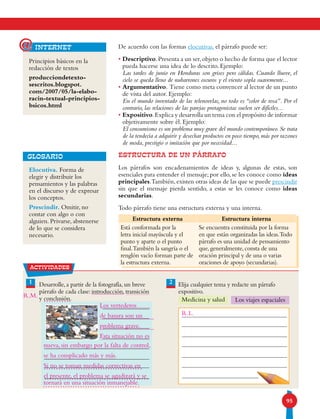 95
De acuerdo con las formas elocutivas, el párrafo puede ser:
• Descriptivo.Presenta a un ser,objeto o hecho de forma que el lector
pueda hacerse una idea de lo descrito. Ejemplo:
Las tardes de junio en Honduras son grises pero cálidas. Cuando llueve, el
cielo se queda lleno de nubarrones oscuros y el viento sopla suavemente...
• Argumentativo. Tiene como meta convencer al lector de un punto
de vista del autor. Ejemplo:
En el mundo inventado de las telenovelas, no todo es “color de rosa”. Por el
contrario, las relaciones de las parejas protagonistas suelen ser difíciles...
• Expositivo.Explica y desarrolla un tema con el propósito de informar
objetivamente sobre él. Ejemplo:
El consumismo es un problema muy grave del mundo contemporáneo. Se trata
de la tendecia a adquirir y desechar productos en poco tiempo,más por razones
de moda, prestigio o imitación que por necesidad...
ESTRUCTURA DE UN PÁRRAFO
Los párrafos son encadenamientos de ideas y, algunas de estas, son
esenciales para entender el mensaje; por ello, se les conoce como ideas
principales.También,existen otras ideas de las que se puede prescindir
sin que el mensaje pierda sentido, a estas se les conoce como ideas
secundarias.
Todo párrafo tiene una estructura externa y una interna.
2Desarrolle, a partir de la fotografía, un breve
párrafo de cada clase: introducción, transición
y conclusión.
Elija cualquier tema y redacte un párrafo
expositivo.
1
Medicina y salud Los viajes espaciales
internet@
Principios básicos en la
redacción de textos
producciondetexto-
sescritos.blogspot.
com/2007/05/la-elabo-
racin-textual-principios-
bsicos.html
Elocutiva. Forma de
elegir y distribuir los
pensamientos y las palabras
en el discurso y de expresar
los conceptos.
Prescindir. Omitir, no
contar con algo o con
alguien. Privarse, abstenerse
de lo que se considera
necesario.
GLOSARIO
Estructura externa Estructura interna
Está conformada por la
letra inicial mayúscula y el
punto y aparte o el punto
final.También la sangría o el
renglón vacío forman parte de
la estructura externa.
Se encuentra constituida por la forma
en que están organizadas las ideas.Todo
párrafo es una unidad de pensamiento
que, generalmente, consta de una
oración principal y de una o varias
oraciones de apoyo (secundarias).
actividades
Los vertederos
de basura son un
problema grave.
Esta situación no es
nueva, sin embargo por la falta de control,
se ha complicado más y más.
Si no se toman medidas correctivas en
el presente, el problema se agudizará y se
R.M.
R.L.
tornará en una situación inmanejable.
 