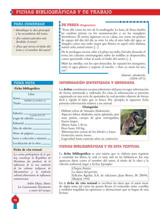 96
TOMA NOTA
DE PESCA (fragmento)
“Eran allá como las tres de la madrugada. La luna, de llena, lambía
las sombras prietas en los montarrascales y en los manglares
dormilones. El estero, lagunoso en su calma, era como un pedazo
de espejo del día; del día ya roto. La isla, al otro lado del agua, se
alargaba como una nube negra que flotara en aquel cielo diáfano,
mitad cielo, mitad estero. [...]
De la mediagua oscura,salió a la playa un indio.Llevaba desnudo el
torso, los calzones arremangados sobre las rodillas; se desperezaba,
como queriendo echar al suelo el fardo del sueño. [...]
Miró las estrellas con los ojos fruncidos. Se espantó los mosquitos,
miró el agua platera y regresó al rancho. —Son ya mero las tres,
vos”.
Salarrué, salvadoreño.
(1899-1975)
para comenzar
INFORMACIÓN SINTETIZADA Y ORDENADA
Las fichas constituyen un procedimiento útil para recoger información
de forma sintetizada y ordenada. En estas, la información se presenta
organizada en una serie de apartados, lo cual permite obtener de forma
fácil y rápida el dato que se busca. Por ejemplo, la siguiente ficha
presenta información relativa a un animal.
fICHAS BIBLIOGRÁFICAS Y DE CITA TEXTUAL
La ficha bibliográfica es una tarjeta que se elabora para registrar
y controlar los libros, la cuál es muy útil en las bibliotecas. En esta
aparecen datos como el nombre del autor, el título de la obra y la
edición (editorial, lugar y fecha). Ejemplo:
• Identifique la idea principal
y las secundarias del texto.
• ¿En cuántos párrafos está
dividido el texto?
• ¿Para qué sirven el título del
texto y el nombre del autor?
Ficha bibliográfica
FICHAS BIBLIOGRÁFICAS Y DE TRABAJO
Chejov,Antón.
La dama del perrito
Edición Aguilar, S.A. de ediciones, Juan Bravo, 38. 28006,
Madrid, 1994
Ficha de cita textual
La cocina prehispánica de lo que
hoy constituye la República de
Honduras, fue producto de la
influencia de la rica tradición
de las culturas indígenas de
Mesoamérica y la tradición
cultural alimentaria de influencia
suramericana.
Ardón Mejía, Mario.
La Gastronomía Hondureña
a través del tiempo.
Libro
Autor:
Título:
Edición:
Lugar de edición:
Editorial:
Año de edición:
Num. de páginas:
Serie o colección y número:
Localización de la obra:
Apellido (s) nombres (s)
(a partir de la 2º)
Orangután
Hábitat: selvas de Sumatra (Indonesia).
Aspecto: labios abultados, nariz aplastada, ojos
muy juntos, cuerpo de gran envergadura,
brazos largos.
Altura: hasta 1.40 m.
Peso: hasta 100 kg.
Alimentación: yemas de los árboles y bayas.
Gestación: nueve meses.
Logevidad: hasta cuarenta años en cautiverio.
En la ficha de cita textual se escriben las ideas que el autor tiene
de algún tema tal como las pensó; llevan el contenido entre comillas
y también respaldan las opiniones o afirmaciones que se hagan de una
lectura.
 