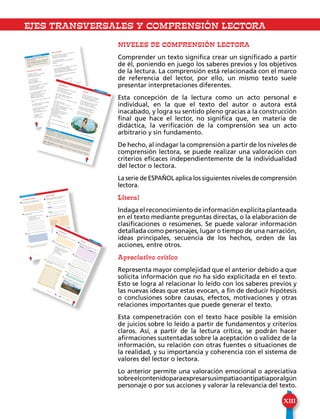 XIII
NIVELES DE COMPRENSIÓN LECTORA
Comprender un texto significa crear un significado a partir
de él, poniendo en juego los saberes previos y los objetivos
de la lectura. La comprensión está relacionada con el marco
de referencia del lector, por ello, un mismo texto suele
presentar interpretaciones diferentes.
Esta concepción de la lectura como un acto personal e
individual, en la que el texto del autor o autora está
inacabado, y logra su sentido pleno gracias a la construcción
final que hace el lector, no significa que, en materia de
didáctica, la verificación de la comprensión sea un acto
arbitrario y sin fundamento.
De hecho, al indagar la comprensión a partir de los niveles de
comprensión lectora, se puede realizar una valoración con
criterios eficaces independientemente de la individualidad
del lector o lectora.
La serie de ESPAÑOL aplica los siguientes niveles de comprensión
lectora.
Literal
Indaga el reconocimiento de información explícita planteada
en el texto mediante preguntas directas, o la elaboración de
clasificaciones o resúmenes. Se puede valorar información
detallada como personajes, lugar o tiempo de una narración,
ideas principales, secuencia de los hechos, orden de las
acciones, entre otros.
Apreciativo crítico
Representa mayor complejidad que el anterior debido a que
solicita información que no ha sido explicitada en el texto.
Esto se logra al relacionar lo leído con los saberes previos y
las nuevas ideas que estas evocan, a fin de deducir hipótesis
o conclusiones sobre causas, efectos, motivaciones y otras
relaciones importantes que puede generar el texto.
Esta compenetración con el texto hace posible la emisión
de juicios sobre lo leído a partir de fundamentos y criterios
claros. Así, a partir de la lectura crítica, se podrán hacer
afirmaciones sustentadas sobre la aceptación o validez de la
información, su relación con otras fuentes o situaciones de
la realidad, y su importancia y coherencia con el sistema de
valores del lector o lectora.
Lo anterior permite una valoración emocional o apreciativa
sobreelcontenidoparaexpresarsusimpatíaoantipatíaporalgún
personaje o por sus acciones y valorar la relevancia del texto.
				EJES TRANSVERSALES y comprensiÓN LECTORA
110
PRELECTURA
UN PEDAZO DE TIERRA
Un pedazo de tierra,
es también paz y sombra y compañía.
Además de pedazo de tierra.
Es amor en la ausencia
y es la caricia grata
que da la compañera.
Además de pedazo de tierra.
Es el hijo que nace igual que las espigas
y los granos de trigo.
Es la novia, la madre y el amigo.
Además de pedazo de tierra.
Es casi el corazón latiendo a gritos
en la paz de los patios.
Es algo que jamás se nos separa,
algo que está en nosotros.
Además de pedazo de tierra.
Es canto que se pega a los labios como un beso del
viento.
Es el temblor del agua en el invierno
y el verano sediento.
Un pedazo de tierra es compañía
porque es agua y espíritu.
Y nos hace vivir
con la diafanidad de la poesía.
Un pedazo de tierra
es sepulcro
y grata compañía…
Claudio Barrera, hondureño.
BAJO UN ÁRBOL
Este hombre sin pan, ese sin luces y aquel sin voz
equivalen al cuerpo de la patria,
a la herida y su sangre abotonada.
Contemplen el despojo:
nada nos pertenece y hasta nuestro pasado se
llevaron.
Pero aquí viviremos.
Con la linterna mágica del hijo que no ha vuelto
abriremos de par en par la noche.
De la nostalgia por lo que perdimos
iremos construyendo un sueño a piedra y lodo.
Guardamos, los vencidos, ese sabor del polvo
que mordimos.
Junto a esto
que a veces es algo menos que triste,
bajo un árbol,
desnudos si es preciso, moriremos.
Roberto Sosa, hondureño.
LECTURA
• ¿Qué sentimientos se pueden expresar a tra-
vés de un poema?
• Escriba el nombre de poetisas o poetas hondu-
reños y ejemplifique algunas de sus obras.
• Recite, ante la clase, una breve poesía de su
agrado.
111
LITERATURA
Claudio Barrera. Es el seudónimo deVicente Alemán. Es un exponente significativo de la poesía hondureña.
Nació en La Ceiba el 17 de septiembre de 1912. En 1954 fundó la revista literaria Surco y Letras de América en
Tegucigalpa. El Estado le concedió, en ese mismo año, el Premio Nacional de Literatura “Ramón Rosa”. En
1965 publicó un tomo con su poesía completa.
Roberto Sosa. Nació enTegucigalpa en 1936.Pertenece a la Generación del 50.Sus principales obras son:Mu-
ros (1966) y Mar interior (1967).Ganó el premio“Adonis” con su obra Los pobres (1969).Otras obras importantes
son:Un mundo para todos dividido (1971) y Hasta el sol de hoy (1987).Su última publicación es Digo mujer (2005).
Waldina Mejía Medina. Nació enTegucigalpa en octubre de 1963. Es poetisa, cuentista y licenciada en Lin-
güística y en Orientación Educativa. Ha publicado varias antologías.Actualmente, es catedrática de Español en
Educación Media.
BIOGRAFÍA DEL AUTOR
CLAROSCURO
Mi vientre atrapa fragmentos de elementos
y los convierte en luz.
Crece el hijo y grita por los vientos.
¡Heme aquí convoco la mañana!
Busco desesperadamente algún empleo.
Pan y leche seguros para el niño
casa, camael amor que deviene de la tranquilidad de una labor
digna.
Busco desesperadamente:
“aquí, tal vez —me dicen— allá, tal vez”
y voy y corrocon el dolor y el miedo clavados en mi vientre
y con mis manos casi suplicantes,
y voy y llego y me hacen esperar
y en la entrevista
grita de pronto el hijo por los vientos:
¡Heme aquí, fabrico la esperanza!
y el empleador lo nota y dice:
“No hay trabajo”“No podemos emplearla”
“No creo que se pueda” No.
No.
¡No!
—no sé si pueda yo seguir luchando— y sigo
sigo
sigo
para este amanecer que casi implora desde el fondo
de mí
y nadie
escucha.
POÉTICA
Quiero hacer un soneto y con denuedo
tomo lápiz, papel, busco en mi mente
alguna idea que quedó pendiente
entre el amor, la indignación o el miedo.
Quiero hacer un soneto, mas no puedo,
mi pecho adolorido está renuente
no quiere sufrir hoy y tercamente
duerme en la falsa paz que me concedo.
Mi mente por mi pecho abandonada
las palabras conjuga y entrelaza
en construcción medida y aplomada,
mas les falta color y llamarada:
Razón sin corazón solo rechaza
la poesía, que termina en nada.
Waldina Mejía Medina, hondureña.
112
COMPRENSIÓN LECTORA
UN PEDAZO DE TIERRA
Escriba cuáles son las comparaciones que el au-
tor hace respecto a un pedazo de tierra.
Interprete cuál es la intención de Claudio Ba-
rrera cuando dice:
Es el hijo que nace igual que las espigas
y los granos de trigo.
Es la novia, la madre y el amigo.
Además de pedazo de tierra.
Describa cuál es el tema que trata el autor en el
poema.
Seleccione, del poema, algunas palabras y redacte
un párrafo que explique el valor de la vida.
4
2
3
1
BAJO UN ÁRBOL
Explique el significado de las siguientes pala-
bras, de acuerdo al contexto del poema.
Interprete el significado de cada verso.
Ilustre el poema.
Abotonada
Despojado
Nostalgia
De la nostalgia por lo que
perdimos
iremos construyendo un
sueño a piedra y lodo.
Este hombre sin pan, ese
sin luces y aquel sin voz
equivalen al cuerpo de la
patria, a la herida y su
sangre abotonada.
1
2
3
113
LE
CT
URA
Literal
Niveles de com
prensión
Apreciativo-crítico
Creativo
CLAROSCURO
Anote tres aspectos sociales que se encuentran
reflejados en
el poem
a.
Describa a qué situación
hace referencia el au-
tor con los siguientes versos.
Grita de pronto el hijo por los vientos:
¡Heme aquí, fabrico la esperanza!
y el empleador lo nota y dice:
No hay trabajo
No podemos emplearla
No creo que se pueda No.
No.
¡No!
Escriba un
breve poem
a que tenga como tema
el amor familiar.
POÉTICAElija
cuatro
palabras desconocidas y busque
su
significado en el diccionario.
Explique
cuál es la relación
que existe entre
el
título del poem
a y su contenido.
Escriba tres sentimientos que expresa la autora
en
el poem
a.
Proponga un
título distinto para el poem
a.
Observe detenidamente la imagen
y escriba un
bello pensamiento acerca de la Naturaleza.
Palab
ras
Significado
1
2
3
1
2
3
5
4
Título
•
•
•
 