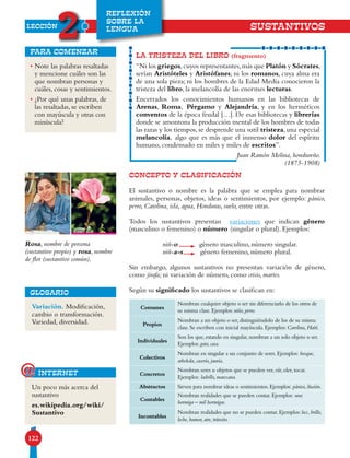 LECCIÓN
2
122
REFLEXIÓN
SOBRE LA
LENGUA
• Note las palabras resaltadas
y mencione cuáles son las
que nombran personas y
cuáles, cosas y sentimientos.
• ¿Por qué unas palabras, de
las resaltadas, se escriben
con mayúscula y otras con
minúscula?
para comenzar
LA TRISTEZA DEL LIBRO (fragmento)
“Ni los griegos,cuyos representantes,más que Platón y Sócrates,
serían Aristóteles y Aristófanes; ni los romanos, cuya alma era
de una sola pieza; ni los hombres de la Edad Media conocieron la
tristeza del libro, la melancolía de las enormes lecturas.
Encerrados los conocimientos humanos en las bibliotecas de
Arenas, Roma, Pérgamo y Alejandría, y en los herméticos
conventos de la época feudal […]. De esas bibliotecas y librerías
donde se amontona la producción mental de los hombres de todas
las razas y los tiempos, se desprende una sutil tristeza, una especial
melancolía, algo que es más que el inmenso dolor del espíritu
humano, condensado en miles y miles de escritos”.
Juan Ramón Molina, hondureño.
(1875-1908)
SUSTANTIVOS
Un poco más acerca del
sustantivo
es.wikipedia.org/wiki/
Sustantivo
internet@
Variación. Modificación,
cambio o transformación.
Variedad, diversidad.
GLOSARIO
Concepto Y CLASIFICACIÓN
El sustantivo o nombre es la palabra que se emplea para nombrar
animales, personas, objetos, ideas o sentimientos, por ejemplo: pánico,
perro, Carolina, isla, agua, Honduras, suelo, entre otras.
Todos los sustantivos presentan variaciones que indican género
(masculino o femenino) o número (singular o plural). Ejemplos:
niñ-o género masculino, número singular.
niñ-a-s género femenino, número plural.
Sin embargo, algunos sustantivos no presentan variación de género,
como jirafa; ni variación de número, como crisis, martes.
Según su significado los sustantivos se clasifican en:
Comunes
Nombran cualquier objeto o ser sin diferenciarlo de los otros de
su misma clase. Ejemplos: niño, perro.
Propios
Nombran a un objeto o ser, distinguiéndolo de los de su misma
clase. Se escriben con inicial mayúscula. Ejemplos: Carolina, Haití.
Individuales
Son los que, estando en singular, nombran a un solo objeto o ser.
Ejemplos: gato, casa.
Colectivos
Nombran en singular a un conjunto de seres. Ejemplos: bosque,
arboleda, caserío, jauría.
Concretos
Nombran seres u objetos que se pueden ver, oír, oler, tocar.
Ejemplos: ladrillo, manzana.
Abstractos Sirven para nombrar ideas o sentimientos. Ejemplos: pánico, ilusión.
Contables
Nombran realidades que se pueden contar. Ejemplos: una
hormiga – mil hormigas.
Incontables
Nombran realidades que no se pueden contar. Ejemplos: luz, brillo,
leche, humor, aire, tránsito.
Rosa, nombre de persona
(sustantivo propio) y rosa, nombre
de flor (sustantivo común).
 