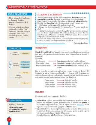 126
ADJETIVOS CALIFICATIVOS
CONCEPTO
El adjetivo calificativo es la palabra que nombra cualidades o características
que poseen las personas, animales, cosas e ideas a las que hace referencia el
sustantivo.
Ejemplos:
Por su posición, los adjetivos calificativos, pueden ir antes o después del
sustantivo al que se refieren: árbol frondoso — frondoso árbol. Generalmente,
adoptan el mismo género y número del sustantivo al que se refieren,es decir,
que concuerdan en género y número con este. Ejemplos:
CLASES
El adjetivo calificativo responde a dos clases:
• Explicativo. Aclara una cualidad del sustantivo y puede ir antes o
después del nombre. Algunas gramáticas dan el nombre de epíteto a
los adjetivos explicativos que señalan alguna cualidad intrínseca de los
objetos a los que se refieren. Ejemplo: La blanca nieve.
• Especificativo. Es el que expresa una cualidad necesaria del nombre que
lo diferencia de los demás.Añade una información que el sustantivo por sí
solo no comunica. Suele ir detrás del nombre.
Ejemplo: El jugador hábil marcó un gol.Azúcar morena.
EL ROSAL Y EL ROMERO
“En un jardín,entre muchas plantas,crecía un frondoso rosal.Sus
preciosas rosas rojas llamaban la atención y todo el mundo se
fijaba en él.A pesar de ello,el rosal era la planta más triste del jardín.
Un día, una humilde mata de romero preguntó a su vecino:
—Cuéntame qué te pasa. ¿Por qué no eres feliz?
—Porque me siento maltratado.Cortan mis flores.¡Y yo me quedo sin
ellas!
—Amigo mío, deberías sentirte halagado. Cortan tus rosas porque
son las flores más bonitas del jardín. Además, en unos días se
marchitarían...¡Deja que adornen y perfumen la casa de los dueños
del jardín! De ti nacerán más flores.
Gracias a las palabras del romero,el rosal dejó de sentirse desgraciado
y sintió el cariño y la admiración de los demás”.
Editorial Santillana.
• Note las palabras resaltadas
y diga qué función
desempeñan dentro de la
lectura.
• Exprese una característica
para cada nombre: casa,
hermana, pantalón, amigos,
gato, oso, papá, carro,
cabello, ojos, voz, camisa,
mamá.
para comenzar
Rayo luminoso.
Árbol frondoso y verde.
Señora elegante y amable.
	 Luminoso nombra una cualidad del rayo.
	 Frondoso y verde nombran cualidades del árbol.
	Elegante y amable nombran cualidades de la
señora.
Papaya madura
Mango maduro
Papayas maduras
Mangos maduros
femenino singular.
masculino singular.
femenino plural.
masculino plural.
Adjetivo calificativo
roble.pntic.mec.
es/~msanto1/lengua/
adjetivo.htm
internet@
TOMA NOTA
Sustantivo
Género
Número
establece
concordancia
entre
Positivo
Comparativo
Superlativo
presenta
tres grados
expresa
cualidades del
Eladjetivo
 