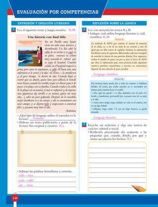 EXPRESIÓN Y CREACIÓN LITERARIA
Evaluación por competencias
140
REFLEXIÓN SOBRE LA LENGUA
Lea el siguiente texto y, luego, resuelva.
Una historia con final feliz
En un Pueblo muy lejano
vivía un niño muy travieso y
desordenado. Un día saltó la
valla de su vecina y se cayó en
su patio, entonces la señora
muy asustada le ordenó que
se vaya al hospital. Cuando
estaba en el hospital empezó a
gritar, pero como lo regañaron, se calló.Al buen rato, una
enfermera se le acercó y le dijo –tú vienes –,lo atendieron
y, al poco tiempo, lo dieron de alta. Cuando llegó, se
enteró que su abuelo, quien hace poco falleció, le heredó
unos bienes;cuando los vendió,ocupó ese dinero para ir de
paseo a la playa con su familia.Cuando estaba a la orilla
de la playa con su mamá,el mar se enfureció y,de repente,
una gigantesca ola arrolló a su mamá, quien era muy
alta, y salió un poco golpeada. Después de lo sucedido,
mejor decidieron ir a un arroyo y ahí se encontraron con
unos amigos y se dijeron hola y empezaron a conversar
feliz y pasaron muy bien el día.
Anónimo.
• ¿Qué tipo de lenguaje utiliza el narrador en la
lectura? _____________________________
• Elabore un texto publicitario a partir de la
lectura. Sea original y creativo.
• Subraye las palabras homófonas y anótelas.
Lea con atención los textos A y B.
• Indique cuál utiliza lenguaje literario y cuál,
científico.
La molécula de ADN, que contiene el sistema de memoria
de la célula, no se lee de un tirón de un extremo a otro. Al
igual que un libro consta de capítulos distintos, la información
hereditaria consta de segmentos diferenciados,cada uno encargado
de controlar la síntesis de una proteína distinta. Esos segmentos
reciben el nombre de genes; un gen es, pues, el trozo de ADN
que lleva la información para cierta proteína.Cada organismo
sintetiza proteínas características y necesita, en consecuencia,
disponer de una colección de genes peculiar.
Escuche un noticiero y elija una noticia de
carácter cultural o social.
• Redáctela procurando dar respuesta a las
preguntas qué, cuándo, dónde, por qué y
cómo sucedieron los hechos.
1 2
3
Texto A
Texto B
Era invierno, hacía mucho frío y todos los caminos se hallaban
helados. El asnito, que estaba cansado, no se encontraba con
ánimos para caminar hasta el establo.
—iEa, aquí me quedo! —se dijo, dejándose caer al suelo. Un
herido y hambriento gorrioncillo fue a posarse cerca de su oreja
y le dijo:
—Asno, buen amigo, tenga cuidado; no estás en el camino, sino
en un lago helado.
—Déjame, tengo sueño ! Y, con un largo bostezo, se quedó
dormido.
Estándar
R.L.
R.L.
valla – vaya
cayó - calló
ola - hola
Lenguaje científico.
Lenguaje literario.
R.M.
R.M.
 