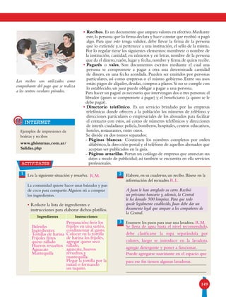 149
• Recibos. Es un documento que ampara valores en efectivo.Mediante
este,la persona que lo firma declara y hace constar que recibió o pagó
algo. Para que este tenga validez, debe llevar la firma de la persona
que lo extiende y, si pertenece a una institución, el sello de la misma.
Por lo regular tiene los siguientes elementos: membrete o nombre de
la institución, cantidad, en números y en letras, nombre de la persona
que da el dinero,razón,lugar y fecha,nombre y firma de quien recibe.
• Pagarés o vales. Son documentos escritos mediante el cual una
persona se compromete a pagar a otra una determinada cantidad
de dinero, en una fecha acordada. Pueden ser emitidos por personas
particulares, así como empresas o el mismo gobierno. Entre sus usos
están:pagos de alquiler,deudas,compras a plazos.Si no se cumple con
lo establecido, un juez puede obligar a pagar a una persona.
Para hacer un pagaré es necesario que intervengan dos o tres personas: el
librador (quien se compromete a pagar) y el beneficiario (a quien se le
debe pagar).
• Directorio telefónico. Es un servicio brindado por las empresas
telefónicas donde ofrecen a la población los números de teléfono y
direcciones particulares o empresariales de los abonados para facilitar
el contacto con estos, así como de números telefónicos y direcciones
de interés ciudadano: policía, bomberos, hospitales, centros educativos,
hoteles, restaurantes, entre otros.
Se divide en dos tomos separados:
- Páginas blancas. Contienen los nombres completos por orden
alfabético, la dirección postal y el teléfono de aquellos abonados que
aceptan ser publicados en la guía.
- Páginas amarillas. Portan un catálogo de empresas que anuncian sus
datos a modo de publicidad; así también se encuentra en ella servicios
profesionales.
Los recibos son utilizados como
comprobante del pago que se realiza
a los centros escolares privados.
Ejemplos de impresiones de
boletas y recibos
www.glsistemas.com.ar/
Salidas.php
internet@
actividades
1 Lea la siguiente situación y resuelva.
La comunidad quiere hacer unas baleadas y pan
de coco para compartir.Alguien irá a comprar
los ingredientes.
• Redacte la lista de ingredientes e
instrucciones para elaborar dichos platillos.
Elabore, en su cuaderno, un recibo. Básese en la
información del recuadro.
A Juan le han arreglado su carro. Recibió
un préstamo bancario y, además, la Central
le ha donado 500 lempiras. Para que todo
quede legalmente establecido, Juan debe dar un
documento legal que ampare a los compañeros de
la Central.
Enumere los pasos para usar una lavadora.
2
3
Ingredientes Instrucciones
R.M.
R.M.
Baleadas
Ingredientes:
Tortillas de harina
Frijoles fritos
queso rallado
Huevos revueltos
Aguacate
Mantequilla
Preparación: freír los
frijoles en una sartén,
condimentar al gusto.
Colocar en la tortilla
de harina los frijoles,
agregar queso seco
rallado,
aguacate, huevos
revueltos,y
mantequilla.
Plegar la tortilla por la
mitad o formando
un taquito.
Se llena de agua hasta el nivel recomendado,
debe clasificarse la ropa separándola por
colores, luego se introduce en la lavadora,
agregar detergente y poner a funcionar.
Puede agregarse suavizante en el espacio que
para ese fin tienen algunas lavadoras.
R.L.
 