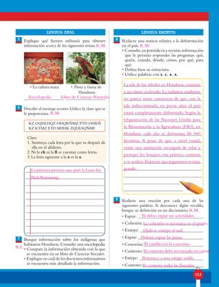 153
lENGUA ORAL LENGUA ESCRITA
5
6
7
9
8Explique qué fuentes utilizaría para obtener
información acerca de los siguientes temas.
Descifre el mensaje secreto.Utilice la clave que se
le proporciona.
KZ OQHLDQZ ODQRÑMZ PTD OHRÑ
KZ KTMZ ETD MDHK ZQLRSQÑMF.
Clave
1. Sustituya cada letra por la que va después de
ella en el alfabeto.
2. Ni la ch ni la ll se cuentan como letras.
3. La letra siguiente a la z es la a.
Busque información sobre los indígenas que
habitaron Honduras.Consulte una enciclopedia.
• Compare la información obtenida con la que
se encuentra en su libro de Ciencias Sociales.
• Explique en cuál de los dos textos informativos
se encuentra más detallada la información.
Redacte una noticia relativa a la deforestación
en el país.
• Consulte,en periódicos y revistas,información
que le permita responder las preguntas: qué,
quién, cuándo, dónde, cómo, por qué, para
qué.
• Defina bien su estructura.
• Utilice palabras con s, c, z, x.
Redacte una oración por cada una de las
siguientes palabras. Si desconoce algún vocablo,
busque su definición en un diccionario.
• Espiar:
• Cohesión:
• Extirpe:
• Expiar:
• Conexión:
• Contexto:
• Estirpe:
• Contesto:
• Flora y fauna de
Honduras.
• La cultura maya.
Enciclopedia Libro de Ciencias Naturales
La primera persona que pisó la Luna fue
Neil Armstrong.
R.L.
La tala de los árboles en Honduras continúa
a un ritmo acelerado. La industria maderera
no parece tener conciencia de que, con la
tala indiscriminada, en pocos años el país
estará completamente deforestado. Según la
Organización de las Naciones Unidas para
la Alimentación y la Agricultura (FAO), en
Honduras cada año se deforestan 86 000
hectáreas. A pesar de que, a nivel estatal,
existe una institución encargada de velar y
proteger los bosques, esta práctica continúa
y se acelera.El precio que pagaremos es muy
grande.
Tú debes espiar sus actividades.
La cohesión es necesaria en el grupo.
Ojalá se extirpe el mal.
Deberá expiar las penas.
Él establecerá la conexión.
El contexto debe ser tomado en cuenta.
Pertenece a una estirpe noble.
Yo contesto todas las llamadas.
R.M.
R.M.
R.M.
R.M.
 