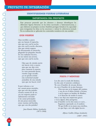 156
proyecto de integración
Ojos negros
Poeta y mendigo
IDENTIFIQUEMOS FIGURAS LITERARIAS
Importancia del proyecto
Este proyecto pretende que los alumnos y alumnas identifiquen las
diferentes figuras literarias en las letras nacionales y latinoamericanas, y
que elaboren sus propios escritos.También persigue fortalecer la capacidad
para reorganizar las ideas en las oraciones y valorar la coherencia textual.
En su realización se aplicarán los contenidos temáticos de esta unidad.
Ojos terribles y puros
que me lanzais el reproche,
ojos que sois cual la noche,
que sois cual la noche obscuros,
ojos que mirais seguros
luz derramando en derroche;
plegando los párpados, broche
de esos radiantes luceros,
no me mireis tan severos,
ojos que sois cual la noche.
Ojos que de extraña suerte
me haceis vivir o morir;
ojos que me dais vivir
para causarme la muerte,
en vano pretendo fuerte,
vuestro yugo sacudir;
¡ya no puedo resistir
esta esclavitud amada!
¡matadme de una mirada
ojos que me haceis vivir!
Si por volveros a ver
me causais penas mortales,
ojos que sois dos puñales
víctima vuestra he de ser,
¡no me importa padecer
sufrimientos eternales
si las causas principales
de mis penas merecidas
seran vuestras mil heridas,
ojos que sois dos puñales!
Juan Ramón Molina, hondureño.
(1875-1908)
Los dos ante la senda del destino,
los dos ante el sustento cotidiano:
Yo con el hambre de mi pan divino,
tú, con el hambre de tu pan humano.
Dios nos une en la margen del camino,
y nos da en el dolor, hondo o liviano,
a mí la espera en lumbre de Aladino,
ti el derecho de tender la mano.
Pasa y nos deja una imprevista gracia
a veces alguna alma peregrina;
mas el hambre en los dos nunca se sacia…
Seguimos esperando en el sendero:
Tú que brille en tu mano una esterlina,
yo que baje a mi vida algún lucero.
Alfonso Guillén Zelaya, hondureño.
(1887 -1947)
 