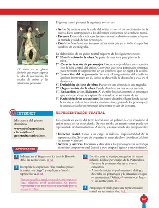 167
Subraye, en el fragmento La casa de Bernarda
Alba, las acotaciones.
Interprete la expresión:“En muchos países
la justicia es ciega”, y explique cómo la
representaría.
Escriba, con su equipo, un guion de teatro
infantil. Utilice personajes de la Naturaleza.
• Prepare la presentación en su centro
educativo.
• Antes de iniciar el parlamento o diálogo,
describa los personajes y la situación en que
se encuentran. Defina, el vestuario, el lugar
y las acotaciones.
Proponga el título para una representación
teatral en su institución.
1
2
3
4
Más acerca del género
dramático
www.profesorenlinea.
cl/castellano/
generodramatico.htm
internet@
El teatro es el género
literario que mejor expresa
la idea de movimiento, los
estados de ánimo y las
situaciones personales.
El guion teatral presenta la siguiente estructura:
• Actos. Se indican con la caída del telón o con el oscurecimiento de la
escena.Estos corresponden a los diferentes momentos del conflicto teatral.
• Escenas.Dentro de cada acto,las escenas son las divisiones marcadas por
la entrada y salida de los personajes.
• Cuadros.Son divisiones internas de los actos que están indicadas por los
cambios de escenografía.
La elaboración de un guion teatral requiere de los siguientes pasos:
1º. Planificación de la obra. Se parte de una idea para planear la
obra.
2º. Caracterización de personajes. Los personajes deben estar acordes
con la idea central del guion. Conviene que haya personajes opuestos
para permitir el surgimiento de un conflicto que dé lugar a la acción.
3º. Invención del argumento. Se crea el surgimiento del conflicto,
quiénes intervienen en él, cómo se desarrolla la discusión y cuál es el
desenlace.
4º. Definición del tipo de obra.Puede ser una comedia o una tragedia.
5º. Organización de la obra. Puede dividirse en dos o tres escenas.
6º. Redacción de los diálogos.Al escribir los parlamentos se procurara
que cada personaje se exprese de acuerdo con su forma de ser.
7º. Redacción de las acotaciones.En estas se describe el lugar donde sucede
la acción;se indican las actitudes,movimientos y gestos de los personajes;y
se anuncia cuándo un personaje debe entrar o salir de la escena.
REPRESENTACIÓN TEATRAL
Es la puesta en escena del texto teatral ante un público, la cual convierte el
guion teatral en un espectáculo. De este modo, un mismo texto puede ser
representado de distintas formas. A su vez, esta necesita de dos componentes:
• Director teatral. Tiene a su cargo la máxima responsabilidad de la
representación.Se ocupa de organizar el espectáculo y coordinar la labor
de actores y actrices.
• Actores y actrices. Encarnan y dan vida a los personajes. En su trabajo
existe un componente oral (texto) y otro corporal (gestos y movimientos).actividades
R.L.Porque se aplica igual para todos,sin importar
raza, religión, nivel económico. Se puede
representar con una balanza sostenida por la
mano de Dios.
R.L.
R.M.
R.M.
 