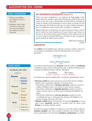 178
• Subraye las palabras
que indican acción o
emoción.
• Explique cómo logra
reconocer, dentro de
un texto, las palabras
que indican acción o
emoción.
para comenzar
CONCEPTO
Los verbos son las palabras que expresan acciones, estados o procesos
en el tiempo. Constituyen el núcleo del predicado en la oracion.
Ejemplos:
Julia limpió su casa
S NP
Laura y Abel tocan la guitarra
S NP
Los verbos están formados por lexemas (raíz del verbo) y morfemas
o desidencias que son las terminaciones que se añaden al lexema para
construir las distintas formas verbales. Ejemplos:
Cant-ábamos Beb– eremos
Lexemas Morfemas Lexemas Morfemas
Las desinencias aportan significados o accidentes gramaticales, como:
• Persona verbal. Es quien ejecuta la acción. Estas formas verbales
pueden estar en primera, segunda o tercera persona.
- Una forma verbal está en primera persona cuando la acción la
realiza el hablante solo o con otros: yo canto, nosotros cantamos.
- Una forma verbal está en segunda persona cuando la acción la
realiza el oyente solo o con otras personas distintas del hablante:tú
juegas.
- Una forma verbal está en tercera persona cuando la acción
es realizada por una o varias personas distintas del hablante y el
oyente: él juega, ella cocina, ellos lavan.
• Tiempo verbal. Indica el momento de la acción: presente, si ocurre
ahora: canto; pretérito (pasado), si sucedió antes de ahora: canté;
futuro, si se realiza después: cantaré.
Cuando los tiempos verbales se expresan con un solo verbo se llaman
tiempos simples: comí. Pero cuando se forman con el verbo “haber”
más un participio se les denomina tiempos compuestos: he comido.
UN MOTORISTA EXCELENTE (fragmento)
“Una vez, unos compañeros y yo viajamos de Tegucigalpa a San
Pedro Sula para atender asuntos del movimiento sindical.Nos tocó
viajar en un carro viejo y destartalado. Cuando íbamos subiendo la
cuesta en donde está la pirámide, el carro se paró en medio de una
gran humazón.El chofer nos dijo que el carro se había arruinado y
que no andábamos nada de pisto para mandarlo a componer.
Alguien dijo que era la batería;así es que levantamos la tapa y vimos
que la batería no tenía líquido, por lo que tuvimos que orinar en
los huecos de la batería hasta que la llenamos. Pero, después de eso,
el carro tampoco prendió.Volvimos a levantar la tapa y jurgamos
aquel montón de tripero, pero, ¡nada!”.
TeófiloTrejo, hondureño.
(1941)
TOMA NOTA
Presente
Pasado
Futuro
Indicativo
Subjuntivo
Imperativo
Modo
Tiempo
Singular
Plural
Número
Primera
Segunda
Tercera
Persona
Accidentes del verbo
varían en
ACCIDENTES DEL VERBO
 