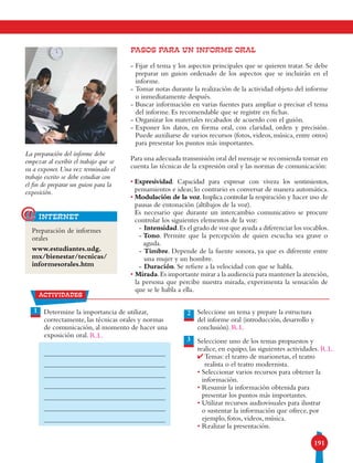 191
Determine la importancia de utilizar,
correctamente, las técnicas orales y normas
de comunicación, al momento de hacer una
exposición oral.
Seleccione un tema y prepare la estructura
del informe oral (introducción, desarrollo y
conclusión).
Seleccione uno de los temas propuestos y
realice, en equipo, las siguientes actividades.
4 Temas: el teatro de marionetas, el teatro
realista o el teatro modernista.
• Seleccionar varios recursos para obtener la
información.
• Resumir la información obtenida para
presentar los puntos más importantes.
• Utilizar recursos audiovisuales para ilustrar
o sustentar la información que ofrece, por
ejemplo, fotos, videos, música.
• Realizar la presentación.
PASOS PARA UN INFORME ORAL
- Fijar el tema y los aspectos principales que se quieren tratar. Se debe
preparar un guion ordenado de los aspectos que se incluirán en el
informe.
- Tomar notas durante la realización de la actividad objeto del informe
o inmediatamente después.
- Buscar información en varias fuentes para ampliar o precisar el tema
del informe. Es recomendable que se registre en fichas.
- Organizar los materiales recabados de acuerdo con el guión.
- Exponer los datos, en forma oral, con claridad, orden y precisión.
Puede auxiliarse de varios recursos (fotos, videos, música, entre otros)
para presentar los puntos más importantes.
Para una adecuada transmisión oral del mensaje se recomienda tomar en
cuenta las técnicas de la expresión oral y las normas de comunicación:
• Expresividad. Capacidad para expresar con viveza los sentimientos,
pensamientos e ideas; lo contrario es conversar de manera automática.
• Modulación de la voz.Implica controlar la respiración y hacer uso de
pausas de entonación (altibajos de la voz).
Es necesario que durante un intercambio comunicativo se procure
controlar los siguientes elementos de la voz:
- Intensidad.Es el grado de voz que ayuda a diferenciar los vocablos.
- Tono. Permite que la percepción de quien escucha sea grave o
aguda.
- Timbre. Depende de la fuente sonora, ya que es diferente entre
una mujer y un hombre.
- Duración. Se refiere a la velocidad con que se habla.
• Mirada.Es importante mirar a la audiencia para mantener la atención,
la persona que percibe nuestra mirada, experimenta la sensación de
que se le habla a ella.
Preparación de informes
orales
www.estudiantes.udg.
mx/bienestar/tecnicas/
informesorales.htm
internet@
La preparación del informe debe
empezar al escribir el trabajo que se
va a exponer. Una vez terminado el
trabajo escrito se debe estudiar con
el fin de preparar un guion para la
exposición.
1 2
3
actividades
R.L.
R.L.
R.L.
 