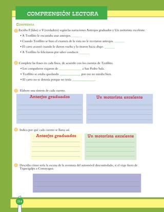 214
COMPRENSIÓN LECTORA
Comprenda
Escriba F(falso) o V(verdadero) según las narraciones Anteojos graduados y Un motorista excelente.
• A Teofilito le encantaba usar anteojos.
• Cuando Teofilito se hizo el examen de la vista no le recetaron anteojos.
• El carro avanzó cuando le dieron vuelta y lo tiraron hacia abajo.
• A Teofilito lo felicitaron por saber conducir.
Complete las frases en cada línea, de acuerdo con los cuentos de Teofilito.	 		
• Los compañeros viajaron de ______________ a San Pedro Sula.
• Teofilito se estaba quedando _____________ por eso no miraba bien.
• El carro no se detenía porque no tenía ______________.
Elabore una síntesis de cada cuento.
Indica por qué cada cuento se llama así.
Describa cómo sería la escena de la aventura del automóvil descontrolado, si el viaje fuera de
Tegucigalpa a Comayagua.
Anteojos graduados
Anteojos graduados Un motorista excelente
Un motorista excelente
1
2
3
4
5
 