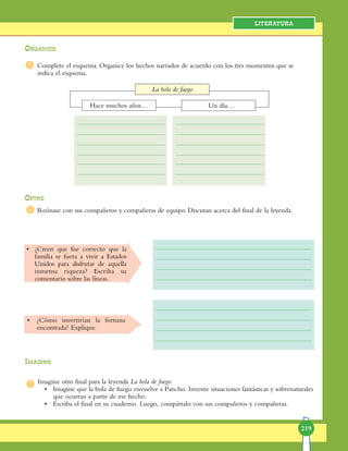 219
Literatura
5
6
8
7
Reúnase con sus compañeros y compañeras de equipo. Discutan acerca del final de la leyenda.
Complete el esquema. Organice los hechos narrados de acuerdo con los tres momentos que se
indica el esquema.
Opine
Imagine
Imagine otro final para la leyenda La bola de fuego.
•	 Imagine que la bola de fuego envuelve a Pancho. Invente situaciones fantásticas y sobrenaturales
que ocurran a partir de ese hecho.
•	 Escriba el final en su cuaderno. Luego, compártalo con sus compañeros y compañeras.
La bola de fuego
Hace muchos años… Un día…
•	¿Creen que fue correcto que la
familia se fuera a vi­vir a Estados
Unidos para disfrutar de aquella
inmen­sa riqueza? Escriba su
co­men­tario sobre las líneas.
•	¿Cómo invertirían la fortuna
encontrada? Explique.
Organice
 