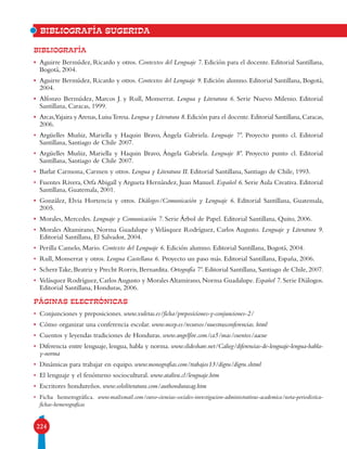 Bibliografía SUGERIDA
224
Bibliografía
•	 Aguirre Bermúdez, Ricardo y otros. Contextos del Lenguaje 7. Edición para el docente. Editorial Santillana,
Bogotá, 2004.
•	 Aguirre Bermúdez, Ricardo y otros. Contextos del Lenguaje 9. Edición alumno. Editorial Santillana, Bogotá,
2004.
•	 Alfonzo Bermúdez, Marcos J. y Rull, Monserrat. Lengua y Literatura 6. Serie Nuevo Milenio. Editorial
Santillana, Caracas, 1999.
•	 Arcas,Yajaira y Arenas,LuisaTeresa.Lengua y Literatura 8.Edición para el docente.Editorial Santillana,Caracas,
2006.
•	 Argüelles Muñiz, Mariella y Haquin Bravo, Ángela Gabriela. Lenguaje 7º. Proyecto punto cl. Editorial
Santillana, Santiago de Chile 2007.
•	 Argüelles Muñiz, Mariella y Haquin Bravo, Ángela Gabriela. Lenguaje 8º. Proyecto punto cl. Editorial
Santillana, Santiago de Chile 2007.
•	 Barlat Carmona, Carmen y otros. Lengua y Literatura II. Editorial Santillana, Santiago de Chile, 1993.
•	 Fuentes Rivera, Orfa Abigaíl y Argueta Hernández, Juan Manuel. Español 6. Serie Aula Creativa. Editorial
Santillana, Guatemala, 2001.
•	 González, Elvia Hortencia y otros. Diálogos/Comunicación y Lenguaje 6. Editorial Santillana, Guatemala,
2005.
•	 Morales, Mercedes. Lenguaje y Comunicación 7. Serie Árbol de Papel. Editorial Santillana, Quito, 2006.
•	 Morales Altamirano, Norma Guadalupe y Velásquez Rodríguez, Carlos Augusto. Lenguaje y Literatura 9.
Editorial Santillana, El Salvador, 2004.
•	 Perilla Camelo, Mario. Contexto del Lenguaje 6. Edición alumno. Editorial Santillana, Bogotá, 2004.
•	 Rull, Monserrat y otros. Lengua Castellana 6. Proyecto un paso más. Editorial Santillana, España, 2006.
•	 ScherzTake, Beatriz y Precht Rorris, Bernardita. Ortografía 7º. Editorial Santillana, Santiago de Chile, 2007.
•	 Velásquez Rodríguez, Carlos Augusto y Morales Altamirano, Norma Guadalupe. Español 7. Serie Diálogos.
Editorial Santillana, Honduras, 2006.
Páginas electrónicas
•	 Conjunciones y preposiciones. www.xuletas.es/ficha/preposiciones-y-conjunciones-2/
•	 Cómo organizar una conferencia escolar. www.mcep.es/recursos/nuestrasconferencias. html
•	 Cuentos y leyendas tradiciones de Honduras. www.angelfire.com/ca5/mas/cuentos/aacue
•	 Diferencia entre lenguaje, lengua, habla y norma. www.slideshare.net/Calieg/diferencias-de-lenguaje-lengua-habla-
y-norma
•	 Dinámicas para trabajar en equipo. www.monografias.com/trabajos13/digru/digru.shtml
•	 El lenguaje y el fenómeno sociocultural. www.ataliva.cl/lenguaje.htm
•	 Escritores hondureños. www.sololiteratura.com/authondurasag.htm
•	 Ficha hemerográfica. www.mailxmail.com/curso-ciencias-sociales-investigacion-administrativas-academica/nota-periodistica-
fichas-hemerograficas
 