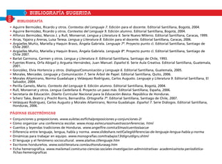 bibliografía SUGERIDA
Bibliografía
•	Aguirre Bermúdez, Ricardo y otros. Contextos del Lenguaje 7. Edición para el docente. Editorial Santillana, Bogotá, 2004.
•	Aguirre Bermúdez, Ricardo y otros. Contextos del Lenguaje 9. Edición alumno. Editorial Santillana, Bogotá, 2004.
•	Alfonzo Bermúdez, Marcos J. y Rull, Monserrat. Lengua y Literatura 6. Serie Nuevo Milenio. Editorial Santillana, Caracas, 1999.
•	Arcas, Yajaira y Arenas, Luisa Teresa. Lengua y Literatura 8. Edición para el docente. Editorial Santillana, Caracas, 2006.
•	Argüelles Muñiz, Mariella y Haquin Bravo, Ángela Gabriela. Lenguaje 7º. Proyecto punto cl. Editorial Santillana, Santiago de
Chile 2007.
•	Argüelles Muñiz, Mariella y Haquin Bravo, Ángela Gabriela. Lenguaje 8º. Proyecto punto cl. Editorial Santillana, Santiago de
Chile 2007.
•	Barlat Carmona, Carmen y otros. Lengua y Literatura II. Editorial Santillana, Santiago de Chile, 1993.
•	Fuentes Rivera, Orfa Abigaíl y Argueta Hernández, Juan Manuel. Español 6. Serie Aula Creativa. Editorial Santillana, Guatemala,
2001.
•	González, Elvia Hortencia y otros. Diálogos/Comunicación y Lenguaje 6. Editorial Santillana, Guatemala, 2005.
•	Morales, Mercedes. Lenguaje y Comunicación 7. Serie Árbol de Papel. Editorial Santillana, Quito, 2006.
•	Morales Altamirano, Norma Guadalupe y Velásquez Rodríguez, Carlos Augusto. Lenguaje y Literatura 9. Editorial Santillana, El
Salvador, 2004.
•	Perilla Camelo, Mario. Contexto del Lenguaje 6. Edición alumno. Editorial Santillana, Bogotá, 2004.
•	Rull, Monserrat y otros. Lengua Castellana 6. Proyecto un paso más. Editorial Santillana, España, 2006.
•	Secretaría de Educación. Diseño Currícular Nacional para la Educación Básica. República de Honduras.
•	Scherz Take, Beatriz y Precht Rorris, Bernardita. Ortografía 7º. Editorial Santillana, Santiago de Chile, 2007.
•	Velásquez Rodríguez, Carlos Augusto y Morales Altamirano, Norma Guadalupe. Español 7. Serie Diálogos. Editorial Santillana,
Honduras, 2006.
Páginas electrónicas
•	Conjunciones y preposiciones. www.xuletas.es/ficha/preposiciones-y-conjunciones-2/
•	Cómo organizar una conferencia escolar. www.mcep.es/recursos/nuestrasconferencias. html
•	Cuentos y leyendas tradiciones de Honduras. www.angelfire.com/ca5/mas/cuentos/aacue
•	Diferencia entre lenguaje, lengua, habla y norma. www.slideshare.net/Calieg/diferencias-de-lenguaje-lengua-habla-y-norma
•	Dinámicas para trabajar en equipo. www.monografias.com/trabajos13/digru/digru.shtml
•	 El lenguaje y el fenómeno sociocultural. www.ataliva.cl/lenguaje.htm
•	Escritores hondureños. www.sololiteratura.com/authondurasag.htm
•	Ficha hemerográfica. www.mailxmail.com/curso-ciencias-sociales-investigacion-administrativas- academica/nota-periodistica-
fichas-hemerograficas
XXXII
 