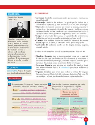 17
Miguel Ángel Asturias
1899-1974
Novelista guatemalteco.
El segundo Nobel literario
(1967), después de Gabriela
Mistral, en Latinoamérica, y
el primero en Centroamérica.
Su vital obra literaria se
adentra en la mitología
aborigen, la propia tierra
y el compromiso con los
sinsabores de los campesinos,
lo cual se percibe en todas
sus obras.
ELEMENTOS
• Acciones. Son todos los acontecimientos que suceden a partir de una
situación inicial.
• Personajes. Realizan las acciones. Su participación influye en el
desarrollo de los hechos, y estos modifican, a su vez, a los personajes.
• Narrador. Su función consiste en contar la historia, presentar y
caracterizar a los personajes, describir los lugares y ambientes en que
se desarrollan los hechos y ordenar los acontecimientos narrados. Es
quien da vida al relato; puede ser un personaje o una voz anónima.
• Lugar. Es el espacio físico donde se desarrollan las acciones: una
habitación, un barco, un castillo, una ciudad, un lugar irreal.
• Tiempo. Las acciones tienen una duración temporal. Se pueden
referir al pasado, al futuro, la actualidad o una época muy lejana.
• Ambiente. El ambiente puede ser de alegría, tristeza, angustia,
soledad, miedo.
Además de los elementos citados, la narrativa literaria hace uso de:
• Técnicas literarias que se complementan, como es el caso de
la descripción, que profundiza en los elementos y contribuye a
caracterizar ambientes,personajes,contextos y épocas.En tanto que la
narración dinamiza y enlaza las acciones de los personajes.
• Lenguaje literario que consiste en emplear las palabras desde
una visión subjetiva, ficticia y connotativa para crear ambientes y
situaciones.
• Figuras literarias que sirven para realzar la belleza del lenguaje
literario.Ejemplo: !Amigo! El cielo está opaco, el aire frío, el día triste. Un
cuento alegre... así como para distraer las brumosas y grises melancolías...
1
Connotativa. Capaz de sugerir
otro significado distinto al suyo.
Glosario
Biografía
Reconozca en el fragmento La rana que quería
ser una rana auténtica la estructura narrativa.
Describa los elementos narrativos que están
presentes en el fragmento de Augusto
Monterroso. Complete el esquema.
2
Inicio
Desarrollo
Desenlace
La rana que quería
ser una rana auténtica
Narrador
Ambiente y lugarAcciones
Personajes
actividades
una rana quería ser auténtica y
ponía mucho esfuerzo en lograrlo.
para obtener la aprobación de la
gente, hizo ejercicios para fortalecer
las ancas.
le arrancaron las ancas y se las
comieron.
la
La rana se compra un espejo;
se peina y viste para obtener
aprobación; decide hacer
ejercicios para las piernas
(ancas),le quitan las ancas
y se las comen; escucha
comentarios acerca de lo
buenas que están sus ancas.
Lugar: no se
menciona con
claridad el lugar,
podría ser la charca,
una laguna.
Ambiente: inspira
tristeza
voz anónima
R.M. R.M.
rana
 