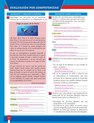 EXPRESIÓN Y CREACIÓN LITERARIA
Evaluación por competencias
REFLEXIÓN SOBRE LA LENGUA
24
Identifique los elementos de la narración
literaria que se encuentran en el fragmento.
Viaje al centro de la Tierra
Me llamo Áxel. Nací en la mente del gran escritor
JulioVerne,él creó para mí una de sus más fantásticas
aventuras.No será necesario que les diga nada sobre mi
creador:Verne es conocido por todos y lo será mientras
haya niños en el mundo. Su mente prodigiosa fue
capaz de anticipar muchos de los acontecimientos que
ahora son ya un trozo de la historia.
Lo que sus contemporáneos juzgaban imposible se
ha realizado. ParaVerne era fácil viajar por el espacio
y descender al fondo del mar, o visitar el centro de
la Tierra. Sí, precisamente a mí me creó para que
corriera esa fantástica aventura: la de viajar al centro
de laTierra.
El peor momento de nuestro viaje fue cuando me
perdí. Anduve mucho tiempo entre aquellas paredes
estrechas, hasta que me precipité por un hueco y caí
lleno de heridas en brazos de mi tío. Por fortuna, no
sufrí más que contusiones poco importantes y Hans,
con un ungüento especial islandés, consiguió curarme.
Lo más maravilloso de cuanto vi fue aquel extenso mar
en las profundidades de laTierra.
Editorial Santillana.
Escriba dos oraciones para cada palabra que
aparece a continuación, una que esté escrita
con letra inicial mayúscula y otra, con letra
inicial minúscula.
Justifique el uso de las letras mayúsculas para cada
caso.
• En un lugar de La Mancha, de cuyo nombre no
quiero acordarme…
• El 15 de septiembre de 1821 se firmó el acta
de independencia de Centroamérica. Las cinco
provincias de la Capitanía General de Guatemala
decidieron formar una república federada llamada
Provincias Unidas de Centroamérica.
Redacte una carta oficial a una institución de
protección de los derechos laborales. Siga las
instrucciones para su realización.
• Investigue los derechos laborales que son
irrespetados en su comunidad.
• Al redactar la carta, utilice, al menos, cinco
normas ortográficas para el uso de mayúsculas.
• Elabore un cartel que sintetice su observancia
al cumplimiento de los derechos del trabajador.
Acciones
Lugar
Tiempo
Ambiente
Narrador
Presidente
Gobernador
Rey
Papa
1 2
3
4
Nació en la mente de JulioVerne.
Centro de la Tierra.
Tiempo pasado.
La narración expresa la emoción
de la aventura.
Axel.
Fue encontrado por su tío.
Llegó el Presidente de la República.
¿Qué será lo que planea el presidente?
El Gobernador inauguró el museo.
Luis llamó al gobernador Pérez.
El Rey tomó la decisión.
El rey Juan Carlos está de viaje.
El papa Juan Pablo II llegó hoy.
El Papa permanece en Roma.
Inicio de oración
Nombre propio de lugar
Nombre propio de lugar
Nombre de instituciones
Inicio de oración
R.M.
R.M.
R.M.
R.L.
Se perdió en el centro de la Tierra.
 