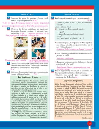35
lENGUA ORAL LENGUA ESCRITA
Compare los tipos de lenguaje. Exprese cuál
merece mayor importancia.
Observe, de forma detallada, las siguientes
fotografías. Luego, explique el mensaje que
transmiten.
Dramatice,consuequipo,lassiguientessituaciones
comunicativas:una escena familiar,una entrevista
deportiva y una entrevista de empleo.
Interpreteelmensajedelfragmentoycomuníquelo,
con sus palabras, a la clase.
Los dos loros y la cotorra
De Santo Domingo trajo dos loros una señora. La
isla es mitad francesa, y la otra mitad española.Así
cada animalito hablaba distinto idioma. Pusiéronlos
al balcón, y aquello era Babilonia; de francés y
castellano hicieron tal pepitoria que al cabo ya no
sabían hablar ni una lengua ni otra.
El francés del español tomó voces, aunque pocas;
el español al francés casi se las tomó todas. Manda
el ama separarlos, y el francés luego reforma las
palabras que aprendió de lengua que no es de moda.
El español, al contrario, no olvida la jerigonza, llegó
a pedir en francés los garbanzos de la olla, y desde
el balcón de enfrente una erudita cotorra la carcajada
soltó,haciendo del loro mofa.Él respondió solamente,
como por tacha afrentosa: vos no sois una purista; y
ella dijo: a mucha honra. ¡Vaya, que los loros son lo
mismo que las personas!
Moraleja: los que corrompen su idioma no tienen
otro desquite que llamar “puristas” a los que le
hablan con propiedad, como si el serlo fuera tacha.
Tomás de Iriarte, español.
Lea los siguientes diálogos. Luego, responda.
A. María: —¿Invito a Iris a la fiesta de cumpleaños,
verdad?
Ana: —Mmm. No sé.
B. —Mamá, oye. Esteee, mamá, mami…
—¿Qué?
—Ya son las cuatro de la tarde, mami.
—¿Y?
—¿Que si puedo ir? ¿Puedo? ¿Sí…?
• En el diálogo A, ¿la respuesta de Ana significa
que está de acuerdo con que se invite a Iris o
no? ¿Cómo lo sabe?
• En el texto B,¿quiénes se están comunicando?
¿Cómo lo sabe?
• ¿La conversación,en ambos diálogos,es formal
o informal? ¿Por qué?
Lea el fragmento y redacte, en su cuaderno, un
final que cambie el destino de la profecía.
• Elabore un cartel que comunique la
presentación de la obra.
Edipo rey (Fragmento)
Edipo Rey, un desventurado príncipe deTebas, era hijo
de Layo y deYocasta. Poco antes de que Layo yYocasta
se casaran, el oráculo de Delfos les advirtió de que el
hijo que tuvieran llegaría a ser asesino de su padre y
esposo de su madre. Layo tuvo miedo y, en cuanto
nació Edipo, encargó a uno de sus súbditos que matara
al niño. Sin embargo, aquella persona no cumplió con
la orden, solo perforó los pies del bebé y lo colgó con
una correa de un árbol situado en el monte Citerón.
Por ese lugar pasó Forbas, un pastor de los rebaños del
rey de Corinto, escuchó los lamentos y llantos del bebé,
lo recogió y se lo entregó a Polibio, Rey de Corintio,
para su cuidado.La esposa de Polibio,Peribea,se mostró
encantada con el bebé y lo cuidó con cariño en su casa.
Le puso por nombre Edipo, que significa el de los pies
hinchados.Sin embargo,como el oráculo avisó,se cumplió
la profecía.
Sófocles, griego.
5
6
8
9
10
7
A
C
B
D
Todos los tipos de lenguaje tienen la misma importancia
porque todos permiten que se desarrolle la comunicación.
Dos jugadores de basketbol
Una persona muy cansada. Un maestro impartiendo
clases, alumnos distraídos.
Persona interesada en la
información.
R.L.
R.L.
R.L.
Ana tiene duda. Lo expresa al decir “mmmm”
La mamá y su hijo(a).
Es informal. Es una conversación con una
persona cercana.
R.M.
R.M.
R.M.
 