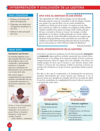 48
NIVEL INTERPRETATIVO DE LA LECTURA
La lectura es un proceso mediante el cual el lector percibe, interpreta
y comprende signos gráficos-verbales, asumiendo una actitud crítica.
Prácticamente es un trabajo de la memoria donde el lector construye,
imaginariamente, todos los signos del texto dándoles una forma, un
sentido propio. Es decir, que la lectura es una relación íntima entre
el libro y el lector. En esta relación, el libro le presenta, al lector, un
mundo real o fantástico en el que le invita a participar, dando su juicio
de valor.
Por ello, se dice que la comprensión y la interpretación son procesos
mentales determinados por varios factores que favorecen o no el
proceso lector; por ejemplo, las actitudes del lector, el estado de salud,
el nivel de vocabulario, la complejidad del texto, la falta de atención y
concentración, entre otros.
UNA VIDA AL SERVICIO DE LOS DEMÁS
“En septiembre de 1928, el bacteriólogo escocés Alexander
Fleming empezó, como de costumbre, su día de trabajo, echando
una ojeada a las cajas de Petri, con las cuales estudiaba los
estafilococos. Notó que de la noche a la mañana una de ellas,
que contenía un cultivo de estafilococos peligrosos, había sufrido
cambios notables. Una espora de hongo verde común, del tipo
del que a menudo se forma en el pan y las naranjas, se había
depositado en el cultivo y había producido un círculo velloso,
blando y verde, de moho Penicillium.Advirtió, con sorpresa, que
alrededor del pequeñísimo moho azul había una zona libre de
estafilococos.Alexander Fleming había descubierto la penicilina,
por lo cual recibió en 1945 el Premio Nobel de Medicina”.
Editorial Santillana.
• Deduzca el mensaje del
título del fragmento.
• Proponga otro título para
el fragmento. Justifique su
elección.
• Subraye la idea principal
del texto.
para comenzar
INTERPRETACIÓN Y EVALUACIÓN DE LA LECTURA
TOMA NOTA
Interpretar una lectura
Se formulan hipótesis acerca
del contenido del texto a partir
de los indicios,estas se van
verificando o reformulando
mientras se va leyendo
para sacar conclusiones.Es
prácticamente una conversación
con el autor de la obra.
Este nivel se logra si
comprendemos lo que estamos
leyendo o percibiendo.Por eso,
es importante apoyarnos en
diccionarios,esquemas y otros
medios.
El cine es el arte de la percepción.
La lectura es el arte de la
imaginación. Leer, entonces, es
pensar. Pensar es interpretar.
Interpretar es darle nuevos
sentidos al mundo.
(Fabio Martínez, colombiano)
Etapa
neuropsicológica
Proceso de
abstracción
mental
La comprensión La interpretación
Procesos cognitivos
• Asociaciones de ideas y
conceptos.
• Comparaciones con diversos
aprendizajes.
• Generalizaciones o inducciones.
• Caracterizaciones
individualizadoras.
Saberes previos
• Nivel intelectual del
lector.
• Amplitud del vocabulario.
• Adecuación de los textos.
• Forma de presentación de
signos.
Factores
Factores
 