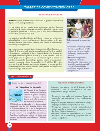TALLER DE COMUNICACIÓN ORAL
56
Trabajemos en equipo
	Lea en voz alta el siguiente texto.
El Triángulo de las Bermudas
El Triángulo de las Bermudas
encierra misterios que captan la
atención de grandes científicos,
religiosos, cineastas, artistas
famosos y de todas las personas
que conocen de su existencia.
El Triángulo de las Bermudas es el área geográfica
comprendida entre las islas Bermudas, Puerto Rico
y Melbourne (Florida), en la cual se han producido
numerosas desapariciones de barcos y aviones, rodeadas
de gran misterio y en inexplicables circunstancias.
Para algunos estudiosos del misterio, esta área es una
ventana a otra dimensión;otros la llaman el“Triángulo
del Diablo”.
SIGAMOS INSTRUCCIONES
Imaginen que entran en el Triángulo de las
Bermudas y que se encaminan a un viaje
extraordinario. Luego resuelvan.
• Relaten lo que cada uno imaginó. Tomen en
cuenta las características de la voz, estudiadas en
este taller.
• Elijan las mejores historias y redáctenlas. Luego,
expóngalas ante sus compañeros de clase.
• Compartan algunas historias extraordinarias,
como leyendas o mitos que se cuentan en su
localidad.Anoten sus nombres.
• Inventen y relaten una leyenda basada en la lectura.
Escríbanla en su cuaderno y compartan con sus
demás compañeros.
BAHAMAS
CUBA
JAMAICA
HAITI
DOM. REP.
BRAZIL
Gulf
of
Mexico
Caribbean Sea
A t l a n t i c O c e a n
Hudson
Bay
a n
Labrador Sea
Gulf of
St. Lawrence
Baffin Bay
Lake
Winnipeg
Lake
Superior
Lake
Michigan
Lake
Huron
Lake Erie
Ontario
Lake
Lake
Nicaragua
Puerto Rico
(U.S.)
St. John's
Barranquilla
Birmingham
Chicago
uston
Louisville
Memphis
apolis
Philadelphia
St. Louis
Tampa
Miami
Triángulo de las
Bermudas
1
NARREMOS HISTORIAS
Todo relato oral se caracteriza
por:
• Utilizar un volumen y timbre
de voz adecuados, sin olvidar
aplicar una buena velocidad
de la voz y pausas entre las
palabras.
• Mantener una postura y
respiración adecuadas.
• Combinar las palabras con los
gestos, los movimientos del
cuerpo y la entonación.
• Utilizar un lenguaje de fácil
comprensión.
Narrar es contar, escribir, decir lo sucedido, lo que está sucediendo y,
algunas veces, anticipar el futuro.
La narración es un medio para comunicar sueños, fantasías,
experiencias.Toda narración,por maravillosa o fantástica que sea,tiene
su punto de partida en la realidad, que es uno de los componentes
básicos de la comunicación diaria.
Los cuentos, leyendas, fábulas, anécdotas y todos los textos que
relatan hechos, pertenecen a la narrativa. Las narraciones orales son
historias o relatos contados de viva voz, y en las que se entrelazan el
recuerdo y la imaginación.
La voz es uno de los principales instrumentos del ser humano. La
calidad de la voz se mide por la adecuada entonación, la velocidad
y la intensidad con la que se habla.Además, la dicción desempeña
un papel importante para el orador y el actor, debido a que se
puede jugar con el significado de las palabras según la forma en
que las pronuncie. La dicción logra que una palabra aparentemente
inocente produzca efectos inesperados en el público. De estos
aspectos depende la emoción, tristeza, suspenso o interés que los
narradores y oradores puedan trasmitir en un poema,una disertación
o cualquier tipo de narración.
R.L.
 