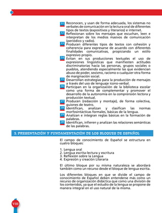 VIII
	Reconocen, y usan de forma adecuada, los sistemas no
verbales de comunicación en la lectura oral de diferentes
tipos de textos (expositivos y literarios) e internet.
	Reflexionan sobre los mensajes que escuchan, leen e
interpretan de los medios masivos de comunicación
(periódico y radio).
	Producen diferentes tipos de textos con cohesión y
coherencia para expresarse de acuerdo con diferentes
finalidades comunicativas, propiciando un estilo
expresivo propio.
	Evitan en sus producciones textuales el uso de
expresiones lingüísticas que manifiesten actitudes
discriminatorias hacia las personas, grupos sociales o
pueblos, atendiendo especialmente las que evidencian
abuso de poder, sexismo, racismo o cualquier otra forma
de marginación social.
	Desarrollan estrategias para la producción de mensajes
a través del uso de lenguaje ícono-verbal.
	Participan en la organización de la biblioteca escolar
como una forma de complementar y promover el
desarrollo de la autonomía en la comprensión lectora y
producción textual.
	Producen (redacción y montaje), de forma colectiva,
guiones de teatro.
	Identifican, analizan y clasifican las normas
morfosintácticas formales, básicas de la lengua.
	Analizan e integran reglas básicas en la formación de
palabras.
	Identifican, infieren y analizan las relaciones semánticas
de las palabras.
El campo de conocimiento de Español se estructura en
cuatro bloques:
1.	Lengua oral
2.	Lengua escrita-lectura y escritura
3.	Reflexión sobre la Lengua
4.	Expresión y creación Literaria
El último bloque por su misma naturaleza se abordará
también como un recurso desde el bloque de lengua escrita.
Los diferentes bloques en que se divide el campo de
conocimiento de Español deben entenderse más como un
recurso de organización didáctica que como una división de
los contenidos, ya que el estudio de la lengua se propone de
manera integral en el uso natural de la misma.
11
12
13
14
15
16
17
18
19
20
3. Presentación y fundamentación de los Bloques de ESPAÑOL
 