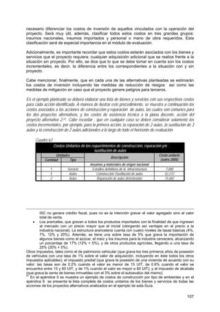 107
necesario diferenciar los costos de inversión de aquellos vinculados con la operación del
proyecto. Será muy útil, además, clasificar todos estos costos en tres grandes grupos:
insumos nacionales, insumos importados y personal o mano de obra requeridos. Esta
clasificación será de especial importancia en el módulo de evaluación.
Adicionalmente, es importante recordar que estos costos estarán asociados con los bienes y
servicios que el proyecto requiera: cualquier adquisición adicional que se realice frente a la
situación sin proyecto. Por ello, se dice que lo que se debe tomar en cuenta son los costos
incrementales, es decir, la diferencia entre los correspondientes a la situación con y sin
proyecto.
Cabe mencionar, finalmente, que en cada una de las alternativas planteadas se estimarán
los costos de inversión incluyendo las medidas de reducción de riesgos así como las
medidas de mitigación en caso que el proyecto genere peligros para terceros.
En el ejemplo planteado se deberá elaborar una lista de bienes y servicios con sus respectivos costos
para cada acción identificada. A manera de ilustrar este procedimiento, se muestra a continuación los
costos asociados a las acciones de construcción y reparación de aulas, las cuales son comunes para
los dos proyectos alternativos, y los costos de asistencia técnica a la plana docente, acción del
proyecto alternativo 2.41. Cabe recordar , que en cualquier caso se deben considerar solamente los
costos incrementales; por ejemplo, para la primera acción, la reparación de 2 aulas, la sustitución de 3
aulas y la construcción de 2 aulas adicionales a lo largo de todo el horizonte de evaluación.
Cuadro 67
Costos Unitarios de los requerimientos de construcción, reparación y/o
sustitución de aulas
Unidades
Cantidad Tipo
Descripción
Costo unitario
(soles 2005)
Insumos y materiales de origen nacional
1 Servicio Estudios definitivos de la infraestructura 7,000
5 Aulas Construcción /Sustitución de aulas 52,272
2 Aulas Reparación de aulas deterioradas 15,682
ISC no genera crédito fiscal, pues no es la intención gravar el valor agregado sino el valor
total de venta.
• Los aranceles, que gravan a todos los productos importados con la finalidad de que ingresen
al mercado con un precio mayor que el inicial (otorgando así ventajas en el precio a la
industria nacional). La estructura arancelaria cuenta con cuatro niveles de tasas básicas (4%,
7%, 12% y 20%). Además, se tiene una sobre tasa de 5% que grava la importación de
algunos bienes como el azúcar, el maíz y los insumos para la industria cervecera, alcanzando
un porcentaje de 17% (12% + 5%), y de otros productos agrícolas, llegando a una tasa de
25% (20% + 5%).
Otros impuestos, tales como el de patrimonio vehicular (que grava los tres primeros años de posesión
de vehículos con una tasa de 1% sobre el valor de adquisición, incluyendo en éste todos los otros
impuestos aplicables); el impuesto predial (que grava la posesión de una vivienda de acuerdo con su
valor: las tasas son de 0.2% cuando el valor es menor de 15 UIT, de 0.6% cuando el valor se
encuentra entre 15 y 60 UIT, y de 1% cuando el valor es mayor a 60 UIT); y el impuesto de alcabala
(que grava la venta de bienes inmuebles con el 3% sobre el autoavalúo del mismo).
41
En el apéndice 5 se muestra un ejemplo de costos de construcción por tipo de ambientes y en el
apéndice 6 se presenta la lista completa de costos unitarios de los bienes y servicios de todas las
acciones de los proyectos alternativos analizados en el ejemplo de esta Guía.
 