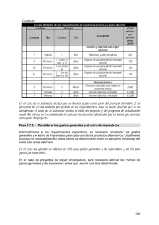 108
Cuadro 68
Costos Unitarios de los requerimientos de asistencia técnica a la plana docente
Unidades Periodos
Cantidad Tipo Cantidad Tipo
Descripción
Costo
unitario
por
periodo
(soles
2005))
Insumos y materiales de origen
nacional
1 Paquete 1 Mes Materiales y útiles de oficina 200
9 Personas
7 (entre el
año 1 y 7)
Años
Paquete de actualización del personal
docente
150
10 Personas
1 (en el año
8)
Años
Paquete de actualización del personal
docente
150
11 Personas
2 (en los
años 9 y 10)
Años
Paquete de actualización del personal
docente
150
Remuneraciones
3 Personas 3 Meses
Personal contratado para realizar la
asistencia técnica
2,000
1 Persona 3 Años Docente adicional contratado 13,200
1 Persona 2 Años Docente adicional contratado 13,200
En el caso de la asistencia técnica que se llevaría acabo como parte del proyecto alternativo 2, se
presentan los costos unitarios por periodo de los requerimientos. Aquí se puede apreciar que se ha
considerado el costo de la asistencia técnica al inicio del proyecto y del programa de actualización
anual. Así mismo, se ha considerado el costo por los docentes adicionales que se tienen que contratar
como parte del proyecto.
Paso 3.7.3: Considerar los gastos generales y el rubro de imprevistos
Adicionalmente a los requerimientos específicos, es necesario considerar los gastos
generales y el rubro de imprevistos para cada una de los proyectos alternativos. Usualmente
(aunque no necesariamente), estos rubros se determinarán como un pequeño porcentaje del
costo total antes estimado.
En el caso del ejemplo se utilizará un 10% para gastos generales y de supervisión, y un 5% para
gastos por imprevistos.
En el caso de proyectos de mayor envergadura, será necesario estimar los montos de
gastos generales y de supervisión, antes que asumir una tasa determinada.
 