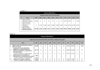 115
Cuadro 71
Proyecto Alternativo 1
Flujo de costos a precios de mercado
Años 2005 2006 2007 2008 2009 2010 2011 2012 2013 2014 2015
Flujo de costos de
preinversión, inversión y
valores de rescate
301,934 6 4 10 10 6 10 67,913 67,915 6 -3,353
Flujo de costos de
operación y
mantenimiento
0 13,517 13,603 13,661 13,805 13,948 14,035 14,178 30,169 46,189 46,275
Flujo de costos a
precios de mercado
301,934 13,523 13,608 13,671 13,815 13,955 14,045 82,091 98,084 46,195 42,922
Cuadro 72
Proyecto Alternativo 2
Flujo de costos de preinversión, inversión y valores de rescate
Años 2005 2006 2007 2008 2009 2010 2011 2012 2013 2014 2015
A
Flujo de costos de preinversión, inversión y
valores de rescate
304,508 6 4 10 10 6 10 67,913 67,915 6 -3,478
B
Construcción de aulas adicionales,
habilitación y acondicionamiento de
ambientes inoperativos, y reparación de
aulas deterioradas
195,179 0 0 0 0 0 0 52,272 52,272 0 0
Insumos y materiales de origen nacional 195,179 0 0 0 0 0 0 52,272 52,272 0 0
C
Implementación de un programa de
mantenimiento de la infraestructura escolar
1,500
Insumos y materiales de origen nacional 1,500
D Adquisición de equipos y mobiliario 33,000 0 0 0 0 0 0 5,775 5,775 0 0
Insumos y materiales de origen nacional 33,000 0 0 0 0 0 0 5,775 5,775 0 0
 