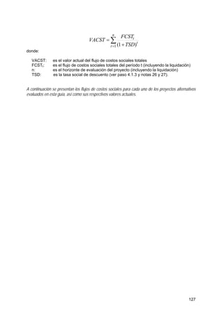 127
donde:
VACST: es el valor actual del flujo de costos sociales totales
FCSTt: es el flujo de costos sociales totales del período t (incluyendo la liquidación)
n: es el horizonte de evaluación del proyecto (incluyendo la liquidación)
TSD: es la tasa social de descuento (ver paso 4.1.3 y notas 26 y 27).
A continuación se presentan los flujos de costos sociales para cada uno de los proyectos alternativos
evaluados en esta guía, así como sus respectivos valores actuales.
∑
= +
=
n
t
t
t
TSD
FCST
VACST
1 )1(
 