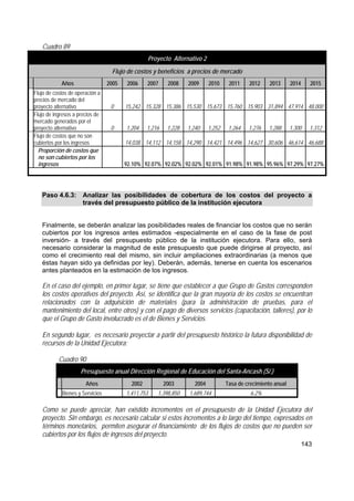 143
Cuadro 89
Proyecto Alternativo 2
Flujo de costos y beneficios a precios de mercado
Años 2005 2006 2007 2008 2009 2010 2011 2012 2013 2014 2015
Flujo de costos de operación a
precios de mercado del
proyecto alternativo 0 15,242 15,328 15,386 15,530 15,673 15,760 15,903 31,894 47,914 48,000
Flujo de ingresos a precios de
mercado generados por el
proyecto alternativo 0 1,204 1,216 1,228 1,240 1,252 1,264 1,276 1,288 1,300 1,312
Flujo de costos que no son
cubiertos por los ingresos 14,038 14,112 14,158 14,290 14,421 14,496 14,627 30,606 46,614 46,688
Proporción de costos que
no son cubiertos por los
ingresos 92.10% 92.07% 92.02% 92.02% 92.01% 91.98% 91.98% 95.96% 97.29% 97.27%
Paso 4.6.3: Analizar las posibilidades de cobertura de los costos del proyecto a
través del presupuesto público de la institución ejecutora
Finalmente, se deberán analizar las posibilidades reales de financiar los costos que no serán
cubiertos por los ingresos antes estimados -especialmente en el caso de la fase de post
inversión- a través del presupuesto público de la institución ejecutora. Para ello, será
necesario considerar la magnitud de este presupuesto que puede dirigirse al proyecto, así
como el crecimiento real del mismo, sin incluir ampliaciones extraordinarias (a menos que
éstas hayan sido ya definidas por ley). Deberán, además, tenerse en cuenta los escenarios
antes planteados en la estimación de los ingresos.
En el caso del ejemplo, en primer lugar, se tiene que establecer a que Grupo de Gastos corresponden
los costos operativos del proyecto. Así, se identifica que la gran mayoría de los costos se encuentran
relacionados con la adquisición de materiales (para la administración de pruebas, para el
mantenimiento del local, entre otros) y con el pago de diversos servicios (capacitación, talleres), por lo
que el Grupo de Gasto involucrado es el de Bienes y Servicios.
En segundo lugar, es necesario proyectar a partir del presupuesto histórico la futura disponibilidad de
recursos de la Unidad Ejecutora:
Cuadro 90
Presupuesto anual Dirección Regional de Educación del Santa-Ancash (S/.)
Años 2002 2003 2004 Tasa de crecimiento anual
Bienes y Servicios 1,411,753 1,398,850 1,689,744 6.2%
Como se puede apreciar, han existido incrementos en el presupuesto de la Unidad Ejecutora del
proyecto. Sin embargo, es necesario calcular si estos incrementos a lo largo del tiempo, expresados en
términos monetarios, permiten asegurar el financiamiento de los flujos de costos que no pueden ser
cubiertos por los flujos de ingresos del proyecto.
 