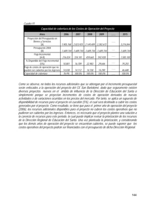 144
Cuadro 91
Capacidad de cobertura de los Costos de Operación del Proyecto
Años 2006 2007 2008 2009 ....... 2015
Proyección del Presupuesto en
Bienes y Servicios
(A) 1,905,768 2,023,925 2,149,409 2,282,672
......
3,274,844
Presupuesto 2004
(B) -1,689,744 -1,689,744 -1,689,744 -1,689,744
.....
-1,689,744
Flujo Incremental
(A-B) 216,024 334,181 459,665 592,928
......
1,585,100
% Disponible del Flujo incremental
(5%) 10,801 16,709 22,983 29,646
......
79,255
Flujo de costos de operación que no
pueden ser cubiertos por los ingresos 14,038 14,112 14,158 14,290
......
46,688
Capacidad de cobertura 76.9% 100.0% 100.0% 100.0% ...... 100.0%
Como se observa, no todos los recursos adicionales que se obtengan por el incremento presupuestal
serán enfocados a la operación del proyecto del CE San Bartolomé, dado que seguramente existen
diversos proyectos nuevos en el ámbito de influencia de la Dirección de Educación del Santa o
simplemente porque se proyectan incrementos de costos de operación derivados de nuevas
actividades o de variaciones ocurridas en los precios del mercado. Por tanto, se aplica un supuesto de
disponibilidad de recursos para el proyecto en cuestión (5%), el cual será destinado a cubrir los costos
generados por el proyecto. Como resultado, se tiene que para el primer año de operación del proyecto
(2006), los recursos adicionales disponibles para el proyecto no cubren los costos operativos que no
pudieron ser cubiertos por los ingresos. Entonces, es necesario que el proyecto plantee una solución a
la carencia de recursos para este periodo, la cual puede implicar revisar la priorización de los recursos
de la Dirección Regional de Educación del Santa. Una vez planteada la priorización, y considerando
que los demás años de operación del proyecto se encuentran cubiertos, se puede suponer que los
costos operativos del proyecto podrán ser financiados con el presupuesto de dicha Dirección Regional.
 