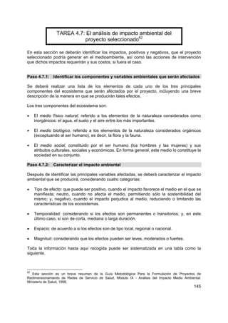 145
TAREA 4.7: El análisis de impacto ambiental del
proyecto seleccionado62
En esta sección se deberán identificar los impactos, positivos y negativos, que el proyecto
seleccionado podría generar en el medioambiente, así como las acciones de intervención
que dichos impactos requerirán y sus costos, si fuera el caso.
Paso 4.7.1: Identificar los componentes y variables ambientales que serán afectados
Se deberá realizar una lista de los elementos de cada uno de los tres principales
componentes del ecosistema que serán afectados por el proyecto, incluyendo una breve
descripción de la manera en que se producirán tales efectos.
Los tres componentes del ecosistema son:
• El medio físico natural, referido a los elementos de la naturaleza considerados como
inorgánicos: el agua, el suelo y el aire entre los más importantes.
• El medio biológico, referido a los elementos de la naturaleza considerados orgánicos
(exceptuando al ser humano), es decir, la flora y la fauna.
• El medio social, constituido por el ser humano (los hombres y las mujeres) y sus
atributos culturales, sociales y económicos. En forma general, este medio lo constituye la
sociedad en su conjunto.
Paso 4.7.2: Caracterizar el impacto ambiental
Después de identificar las principales variables afectadas, se deberá caracterizar el impacto
ambiental que se producirá, considerando cuatro categorías:
• Tipo de efecto: que puede ser positivo, cuando el impacto favorece el medio en el que se
manifiesta; neutro, cuando no afecta el medio, permitiendo sólo la sostenibilidad del
mismo; y, negativo, cuando el impacto perjudica al medio, reduciendo o limitando las
características de los ecosistemas.
• Temporalidad: considerando si los efectos son permanentes o transitorios; y, en este
último caso, si son de corta, mediana o larga duración.
• Espacio: de acuerdo a si los efectos son de tipo local, regional o nacional.
• Magnitud: considerando que los efectos pueden ser leves, moderados o fuertes.
Toda la información hasta aquí recogida puede ser sistematizada en una tabla como la
siguiente.
62
Esta sección es un breve resumen de la Guía Metodológica Para la Formulación de Proyectos de
Redimensionamiento de Redes de Servicio de Salud, Módulo IX - Análisis del Impacto Medio Ambiental.
Ministerio de Salud, 1998.
 
