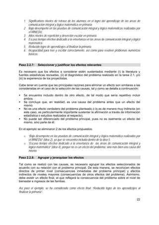 22
1. Significativos niveles de retraso de los alumnos en el logro del aprendizaje de las áreas de
comunicación integral y lógico matemática en primaria.
2. Bajo desempeño en las pruebas de comunicación integral y lógico matemáticas realizadas por
el MINEDU.
3. Altos niveles de repetición y deserción escolar en primaria.
4. Escaso tiempo efectivo dedicado a la enseñanza en las áreas de comunicación integral y lógico
matemática.
5. Reducido logro de aprendizajes al finalizar la primaria.
6. Incapacidad para leer y escribir correctamente, así como para resolver problemas numéricos
básicos.
Paso 2.2.7: Seleccionar y justificar los efectos relevantes
Es necesario que los efectos a considerar estén sustentados mediante (i) la literatura y
fuentes estadísticas revisadas, (ii) el diagnóstico del problema realizado en la tarea 2.1, y/o
(iii) la experiencia de los proyectistas.
Cabe tener en cuenta que las principales razones para eliminar un efecto son similares a las
consideradas en el caso de la selección de las causas, tal y como se detalla a continuación:
Se encuentra incluido dentro de otro efecto, de tal modo que sería repetitivo incluir
ambos.
Se concluye que, en realidad, es una causa del problema antes que un efecto del
mismo.
No es una efecto verdadero del problema planteado o lo es de manera muy indirecta (en
este caso, es particularmente importante sustentar la afirmación a través de información
estadística o estudios realizados al respecto).
No puede ser diferenciado del problema principal, pues no es realmente un efecto del
mismo, sino parte de él.
En el ejemplo se eliminaron 2 de los efectos propuestos:
o “Bajo desempeño en las pruebas de comunicación integral y lógico matemática realizadas por
el MINEDU” (idea 2), ya que se encuentra incluida dentro de la idea 5.
o “Escaso tiempo efectivo dedicado a la enseñanza de las áreas de comunicación integral y
lógico matemática” (idea 4), porque no es un efecto del problema, sino más bien una causa del
mismo.
Paso 2.2.8: Agrupar y jerarquizar los efectos
Tal como se realizó con las causas, es necesario agrupar los efectos seleccionados de
acuerdo con su relación con el problema principal. De esta manera, se reconocen efectos
directos de primer nivel (consecuencias inmediatas del problema principal) y efectos
indirectos de niveles mayores (consecuencias de otros efectos del problema). Asimismo,
debe existir un efecto final, el que reflejará la consecuencia del problema sobre el nivel de
bienestar e ingresos de las familias.
Así para el ejemplo, se ha considerado como efecto final: “Reducido logro de los aprendizajes al
finalizar la primaria”.
 
