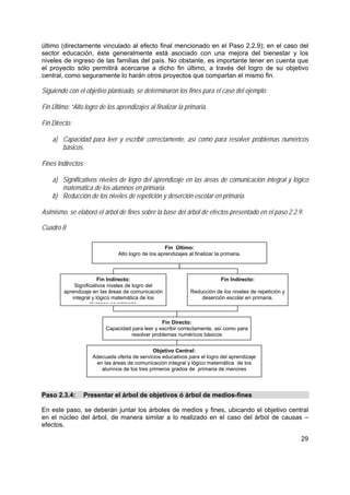 29
último (directamente vinculado al efecto final mencionado en el Paso 2.2.9); en el caso del
sector educación, éste generalmente está asociado con una mejora del bienestar y los
niveles de ingreso de las familias del país. No obstante, es importante tener en cuenta que
el proyecto sólo permitirá acercarse a dicho fin último, a través del logro de su objetivo
central, como seguramente lo harán otros proyectos que compartan el mismo fin.
Siguiendo con el objetivo planteado, se determinaron los fines para el caso del ejemplo:
Fin Último: “Alto logro de los aprendizajes al finalizar la primaria.
Fin Directo:
a) Capacidad para leer y escribir correctamente, así como para resolver problemas numéricos
básicos.
Fines Indirectos:
a) Significativos niveles de logro del aprendizaje en las áreas de comunicación integral y lógico
matemática de los alumnos en primaria.
b) Reducción de los niveles de repetición y deserción escolar en primaria.
Asimismo, se elaboró el árbol de fines sobre la base del árbol de efectos presentado en el paso 2.2.9.
Cuadro 8
Paso 2.3.4: Presentar el árbol de objetivos ó árbol de medios-fines
En este paso, se deberán juntar los árboles de medios y fines, ubicando el objetivo central
en el núcleo del árbol, de manera similar a lo realizado en el caso del árbol de causas –
efectos.
Objetivo Central:
Adecuada oferta de servicios educativos para el logro del aprendizaje
en las áreas de comunicación integral y lógico matemática de los
alumnos de los tres primeros grados de primaria de menores
Fin Directo:
Capacidad para leer y escribir correctamente, así como para
resolver problemas numéricos básicos
Fin Indirecto:
Reducción de los niveles de repetición y
deserción escolar en primaria.
Fin Indirecto:
Significativos niveles de logro del
aprendizaje en las áreas de comunicación
integral y lógico matemática de los
alumnos en primaria
Fin Último:
Alto logro de los aprendizajes al finalizar la primaria.
 