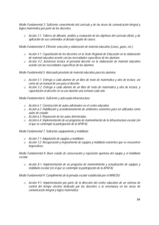 34
Medio Fundamental 3: Suficiente conocimiento del currículo y de las áreas de comunicación integral y
lógico matemática por parte de los docentes.
o Acción 3.1: Talleres de difusión, análisis y evaluación de los objetivos del currículo oficial, y de
aplicación de sus contenidos al dictado regular de clases.
Medio Fundamental 4: Eficiente selección y elaboración de material educativo (casos, guías, etc.).
o Acción 4.1: Capacitación de los docentes en la Sede Regional de Educación en la elaboración
de material educativo acorde con las necesidades específicas de los alumnos.
o Acción 4.2: Asistencia técnica al personal docente en la elaboración de material educativo
acorde con las necesidades específicas de los alumnos.
Medio Fundamental 5: Adecuada provisión de material educativo para los alumnos.
o Acción 5.1: Entrega a cada alumno de un libro de texto de matemática y otro de lectura, así
como de un manual de uso para el docente.
o Acción 5.2: Entrega a cada alumno de un libro de texto de matemática y otro de lectura, y
capacitación al docente en su uso durante una semana cada año.
Medio Fundamental 6: Suficiente y adecuada infraestructura.
o Acción 6.1: Construcción de aulas adicionales en el centro educativo.
o Acción 6.2: Habilitación y acondicionamiento de ambientes existentes para ser utilizados como
aulas de estudio.
o Acción 6.3: Reparación de las aulas deterioradas.
o Acción 6.4: Implementación de un programa de mantenimiento de la infraestructura escolar (en
el que se contemple la participación de la APAFA).
Medio Fundamental 7: Suficiente equipamiento y mobiliario.
o Acción 7.1: Adquisición de equipos y mobiliario.
o Acción 7.2: Recuperación y mejoramiento de equipos y mobiliario existentes que se encuentren
inoperativos.
Medio Fundamental 8: Buen estado de conservación y reposición oportuna del equipo y el mobiliario
escolar.
o Acción 8.1: Implementación de un programa de mantenimiento y actualización de equipos y
mobiliario escolar (en el que se contemple la participación de la APAFA).
Medio Fundamental 9: Cumplimiento de la jornada escolar establecida por el MINEDU.
o Acción 9.1: Implementación por parte de la dirección del centro educativo de un sistema de
control del tiempo efectivo dedicado por los docentes a la enseñanza en las áreas de
comunicación integral y lógico matemática.
 