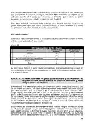 77
Cuando se incorpora el análisis del cumplimiento de los estándares de los libros de texto, encontramos
que tanto el texto de comunicación integral como el de lógico matemática no cumplen con los
estándares previstos en el Cuadro 37. Igualmente, se encuentra que el sistema de gestión
pedagógico no cumple con los estándares establecidos en el Cuadro 38
Dado que el análisis de cumplimiento de los estándares de los libros de texto y de los aspectos de
gestión no se pueden expresar en términos de cantidades físicas, no serán considerados en el análisis
de optimización total sino en el análisis de brechas y requerimientos.
Oferta Optimizada total
Como ya se explicó en la parte teórica, la oferta optimizada del establecimiento será igual al mínimo
entre las ofertas optimizadas de cada recurso.
Cuadro 43
Oferta Optimizada del Centro Educativo
Recurso
Oferta optimizada
(# alumnos)
Oferta optimizada
(# secciones)
Ambientes 144 4
Recursos Humanos 324 9
Recurso humano según capacidades docentes 108 3
Recursos Físicos 72 2
Total 72 2
En consecuencia, teniendo en cuenta los estándares óptimos y las actuales dotaciones de recursos del
centro educativo, este puede atender adecuadamente a 2 secciones de 36 alumnos cada una, es decir,
a un total de 72 alumnos.
Paso 3.3.5: La oferta optimizada por grado y nivel educativo y su proyección a lo
largo del horizonte de evaluación de los proyectos alternativos y de los
colegios del area de influencia.
Sobre la base de la información anterior, se sumarán las ofertas optimizadas para cada uno
de los niveles educativos, en todos los establecimientos directamente vinculados con los
proyectos alternativos que se analizan, a fin de determinar así la oferta optimizada total.
Luego se proyectará ésta para toda la vida útil del proyecto. Para ello, y conociendo los
planes institucionales relacionados con proyectos de creación, ampliación y/o optimización
de capacidades, podrá establecerse la disponibilidad de recursos físicos y humanos en los
establecimientos directamente vinculados con los proyectos alternativos , así como cambios
en los estándares de utilización de los mismos, a partir de lo cual será posible estimar una
nueva oferta optimizada para cada año de referencia.
Seguidamente, se determinará la oferta optimizada del resto de colegios ubicados en el área
de influencia del proyecto. Así, se estimará la capacidad instalada ociosa de cada uno de
estos establecimientos en términos de cupos disponibles en cada grado y nivel educativo,
considerando para ello, al igual como se realizó en los pasos anteriores, las aulas, los
ambientes conexos adecuadamente equipados, y la disponibilidad y calidad docente. Es
 